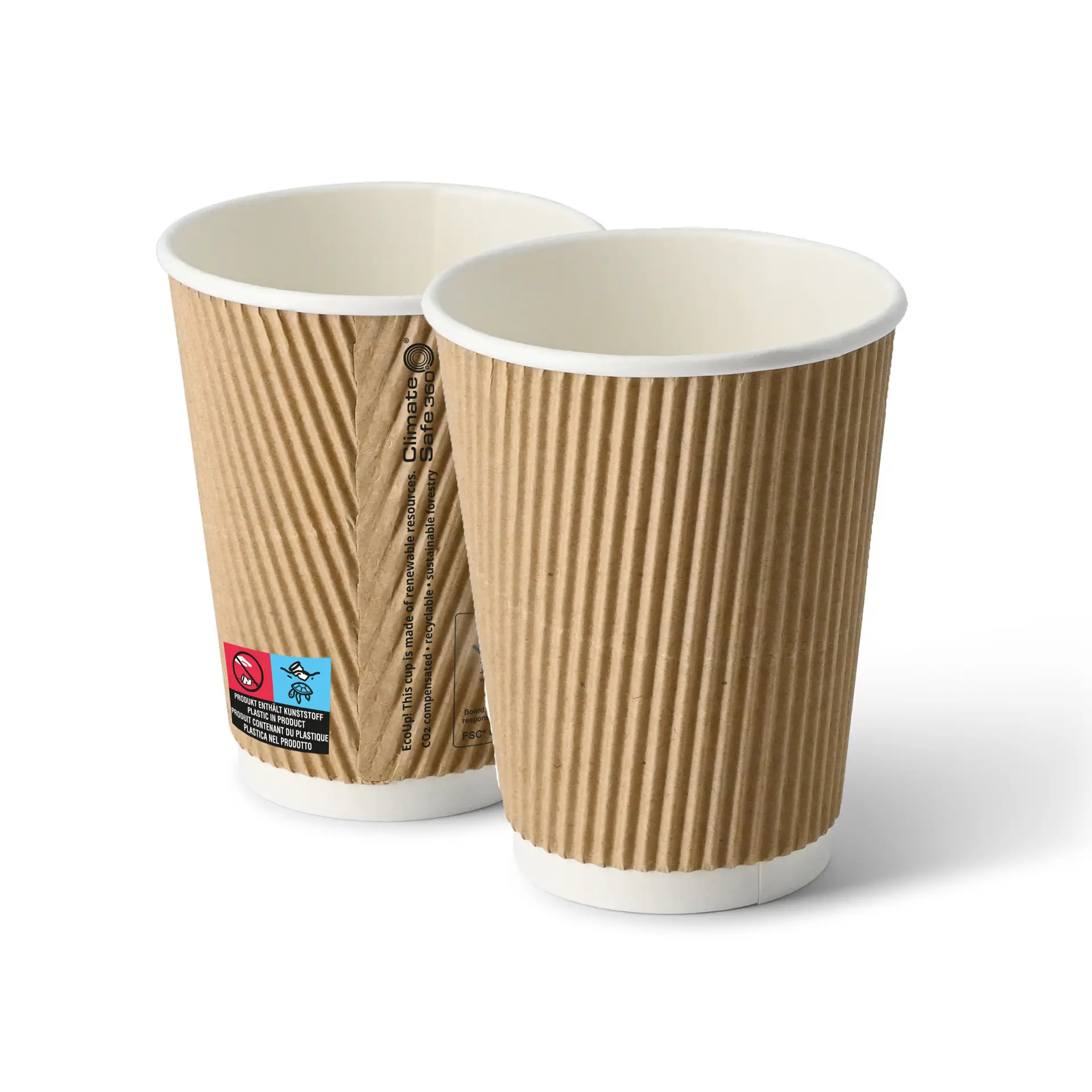 Koffiebekers to go van karton (gecoat) / Ribbelbekers 300 ml / 12 oz, Ø 80 mm, bruin, binnenkant wit