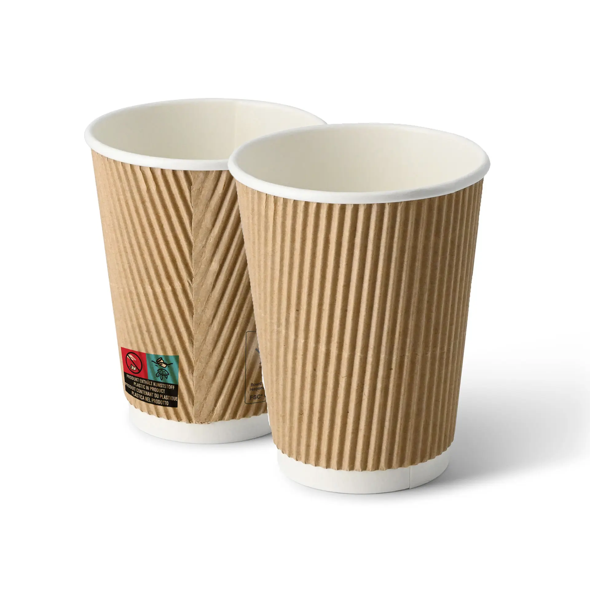Twee bruine golfkartonnen wegwerpbekers, 12 oz, met witte binnenkant; ontworpen voor warme en koude dranken.