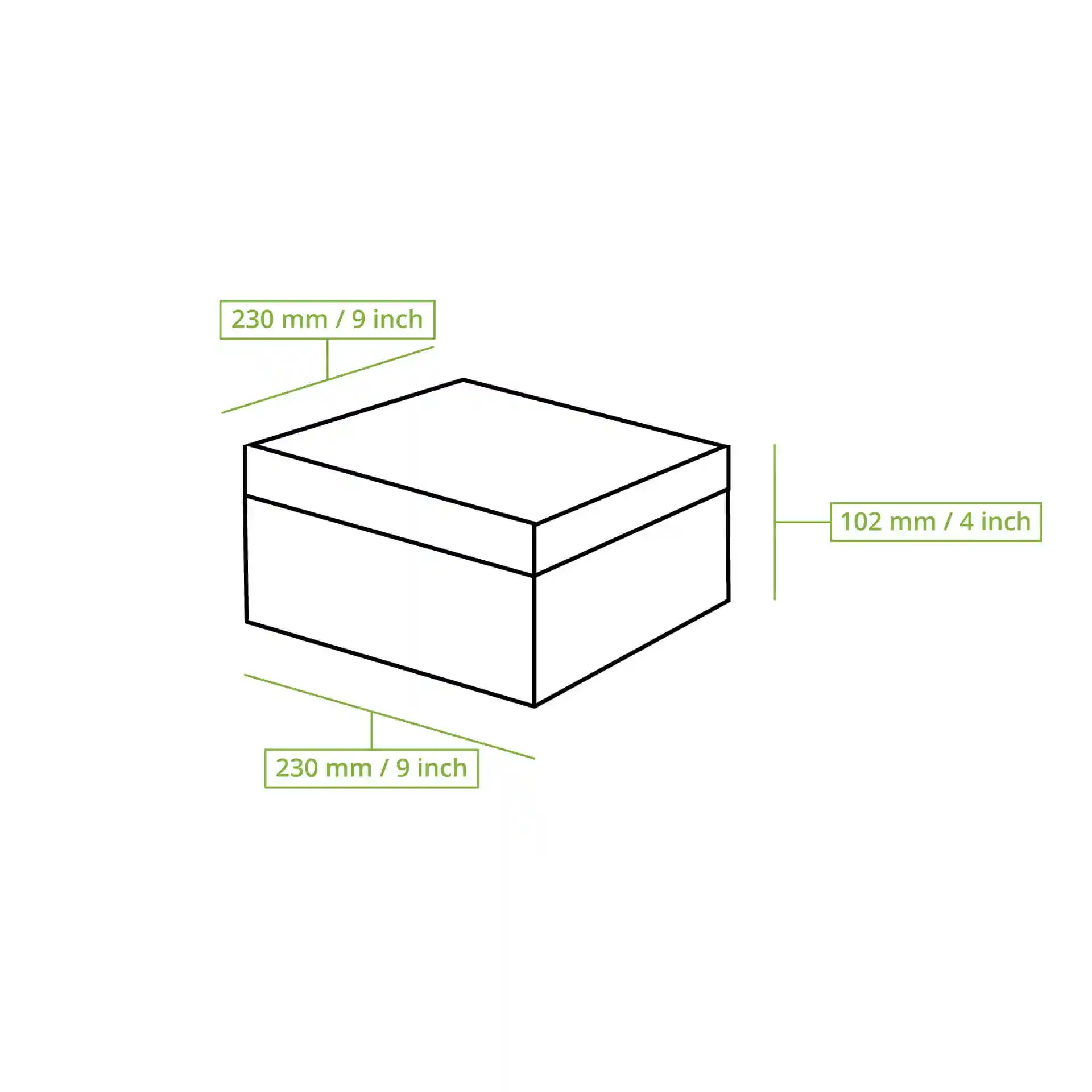 Schematische tekening van een rechthoekige taartdoos met afmetingen: 230 mm lengte, 230 mm breedte en 102 mm hoogte.