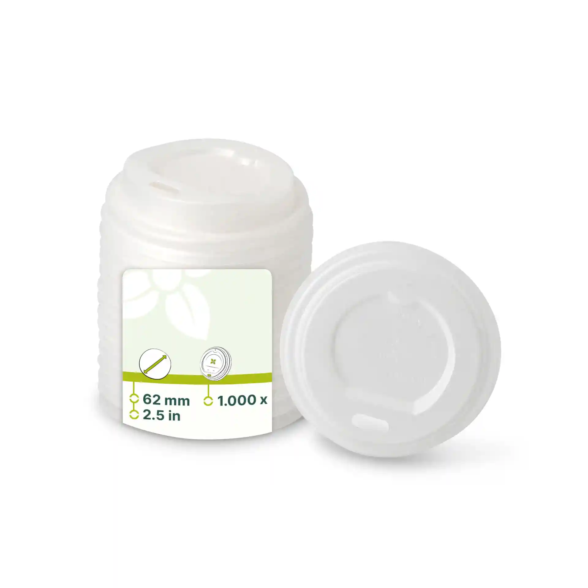 Witte CPLA-deksel met drinkopening, 62 mm in diameter, naast een plat deksel geplaatst.