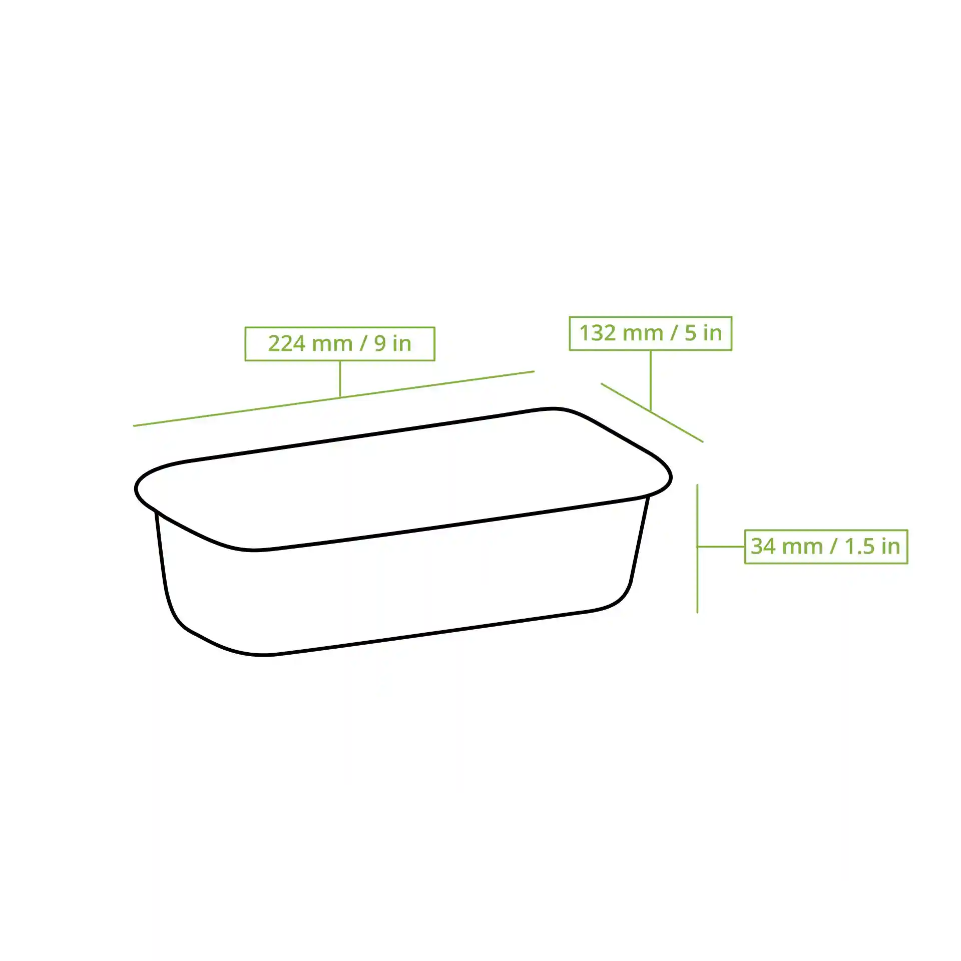 Schematische tekening van een rechthoekige aluminium container met afmetingen van 224 mm x 132 mm x 34 mm.