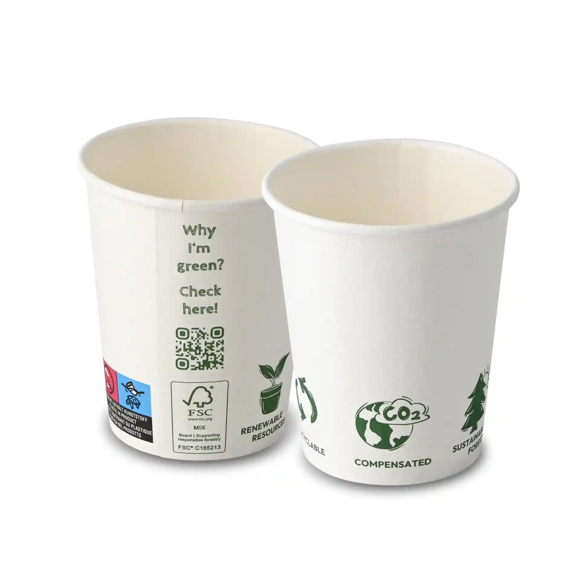 Witte papieren bekers met enkele wand, 200 ml capaciteit, met verschillende eco-gerelateerde iconen en een QR-code.