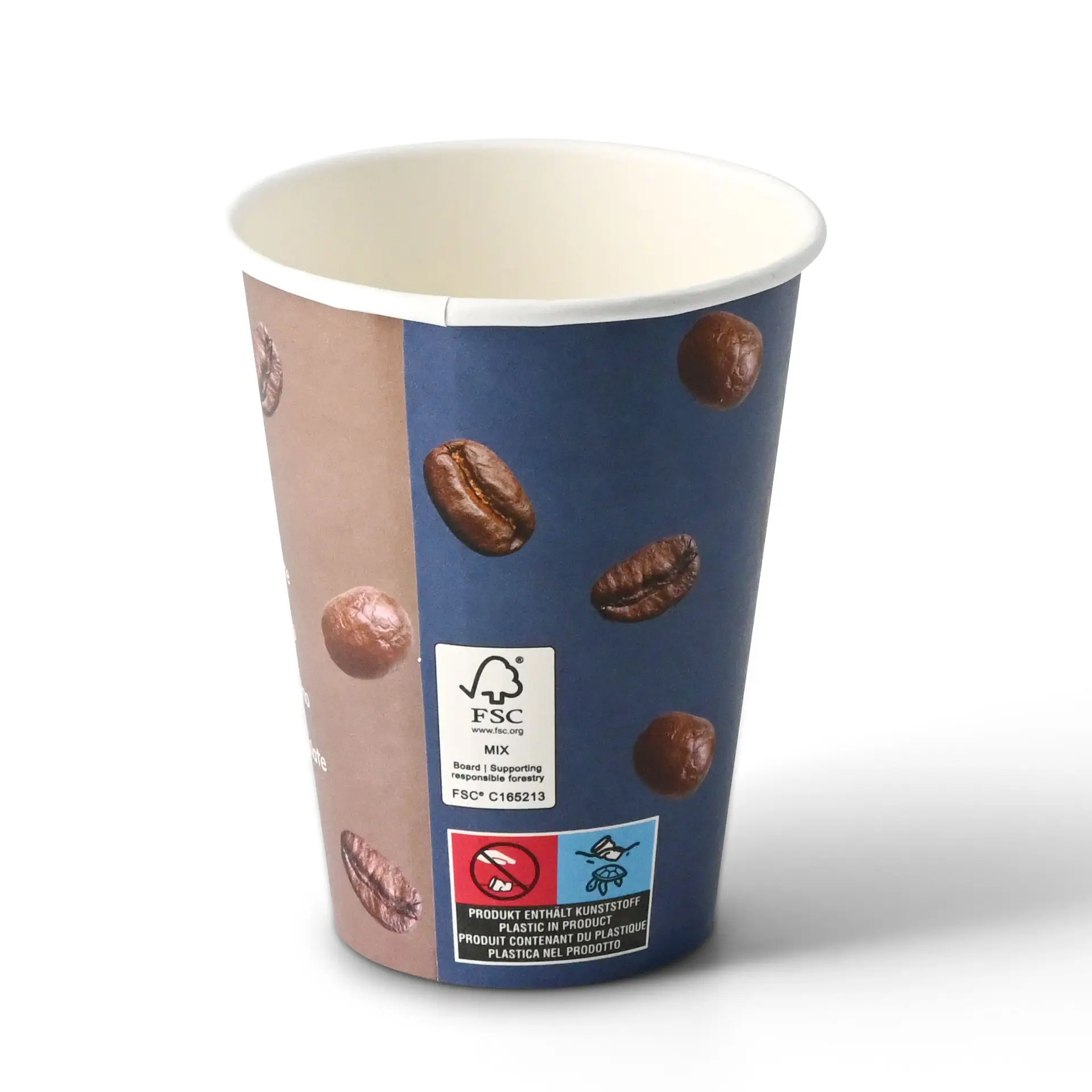 Bedrukte kartonnen beker "Koffie" (gecoat) 300 ml / 12 oz, Ø 90 mm, wit