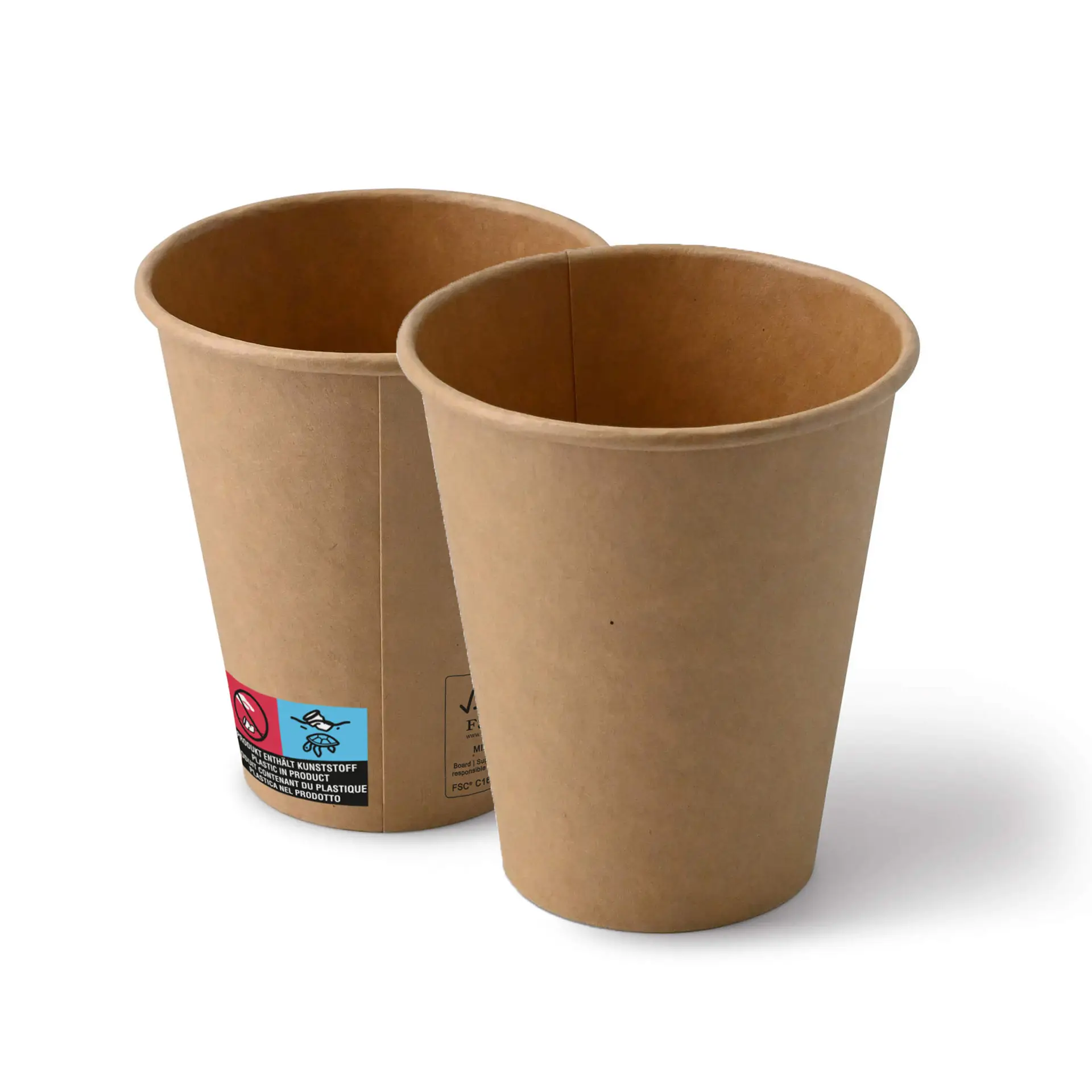 Twee bruine papieren bekers, 10 oz, naast elkaar geplaatst, met een klassiek ontwerp en PE-coating.