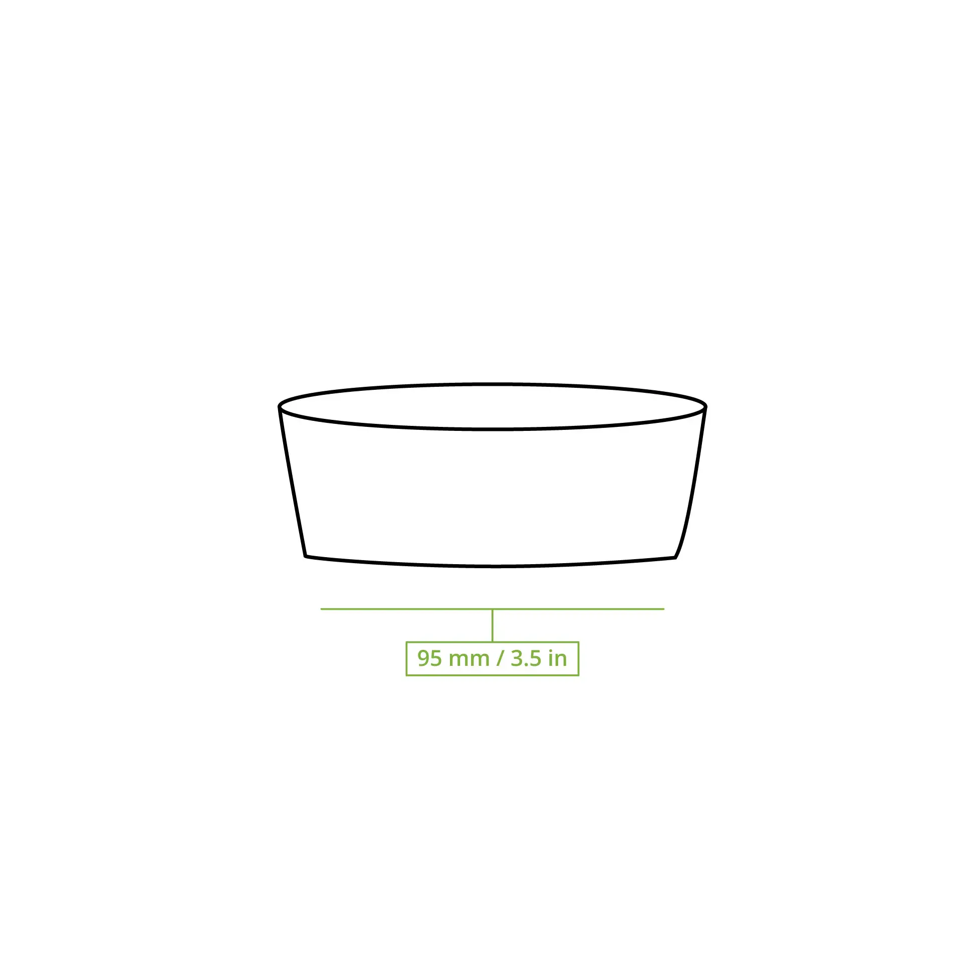 Schematische tekening van een beker met een diameter van 95 mm en een volle inhoud van 130 ml.