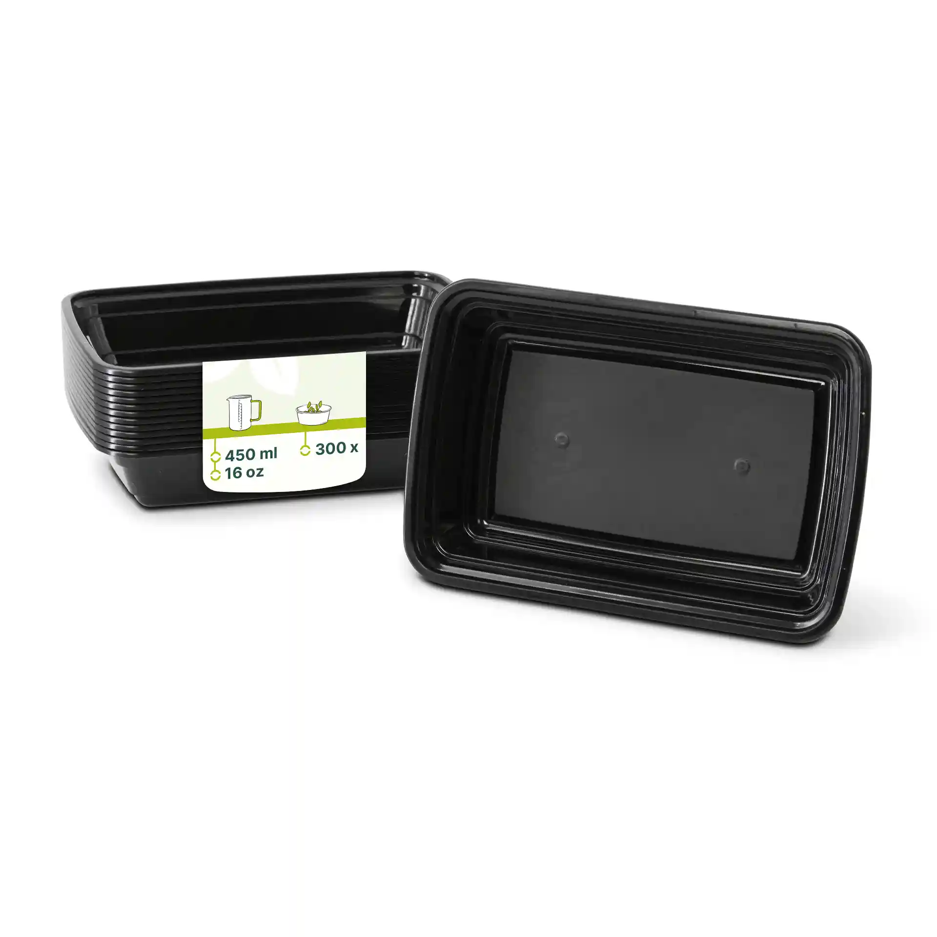 Zwarte rechthoekige herbruikbare container met een capaciteit van 450 ml, getoond met een label en een andere container ernaast.