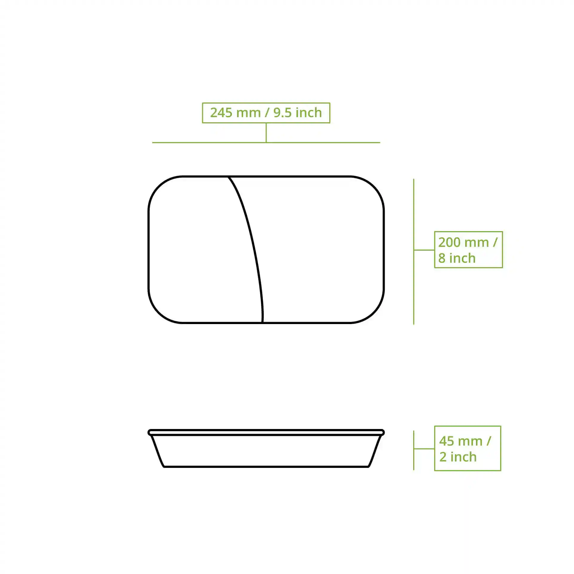 Schematische tekening van een herbruikbare maaltijdcontainer met twee compartimenten, afmetingen 245 mm bij 200 mm bij 45 mm.