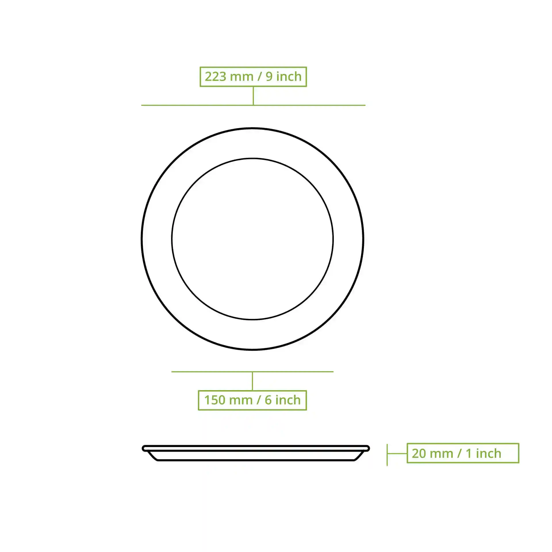Schematische tekening van een ronde suikerrietplaat met afmetingen: 223 mm diameter en 20 mm hoogte.