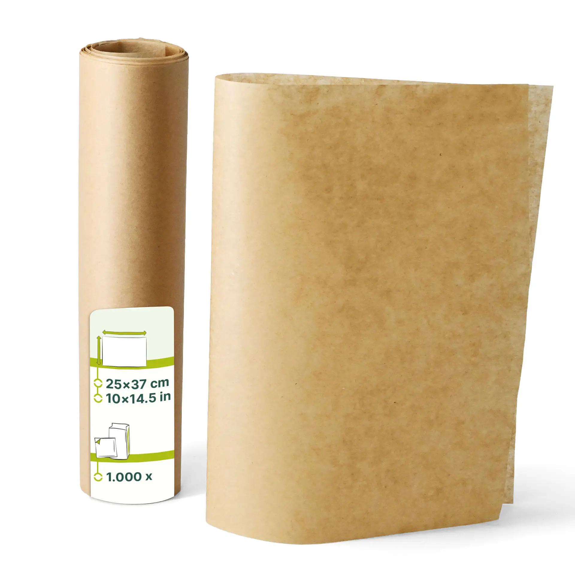 Bruin vetvrij inpakpapier, voorverpakt op 25 x 37 cm, getoond gerold en uitgerold, geschikt voor warme en koude voeding.