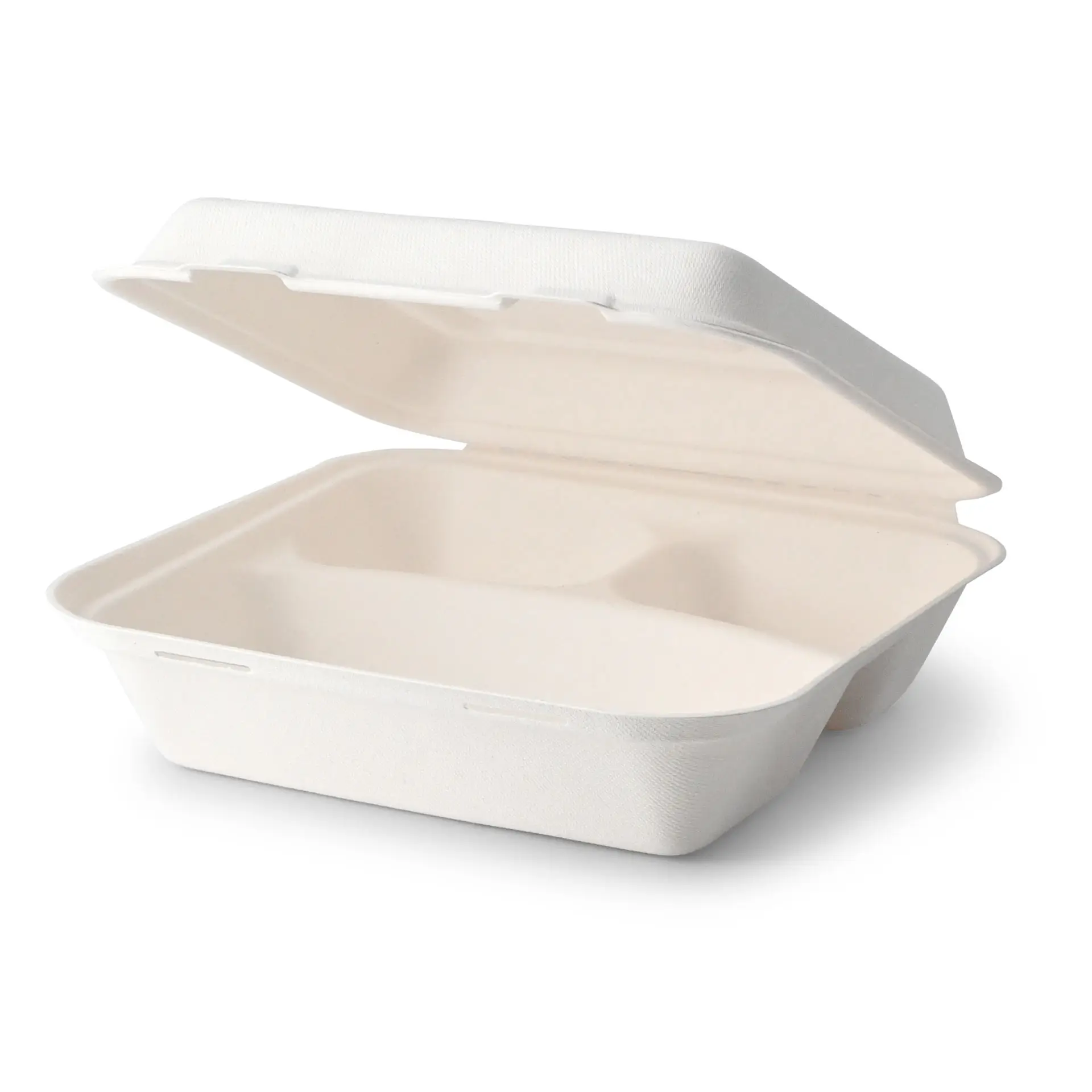 Maaltijdcontainer van suikerriet, 23,5 x 23,5 x 8 cm, 3 vakken, scharnierend deksel, rechthoekig