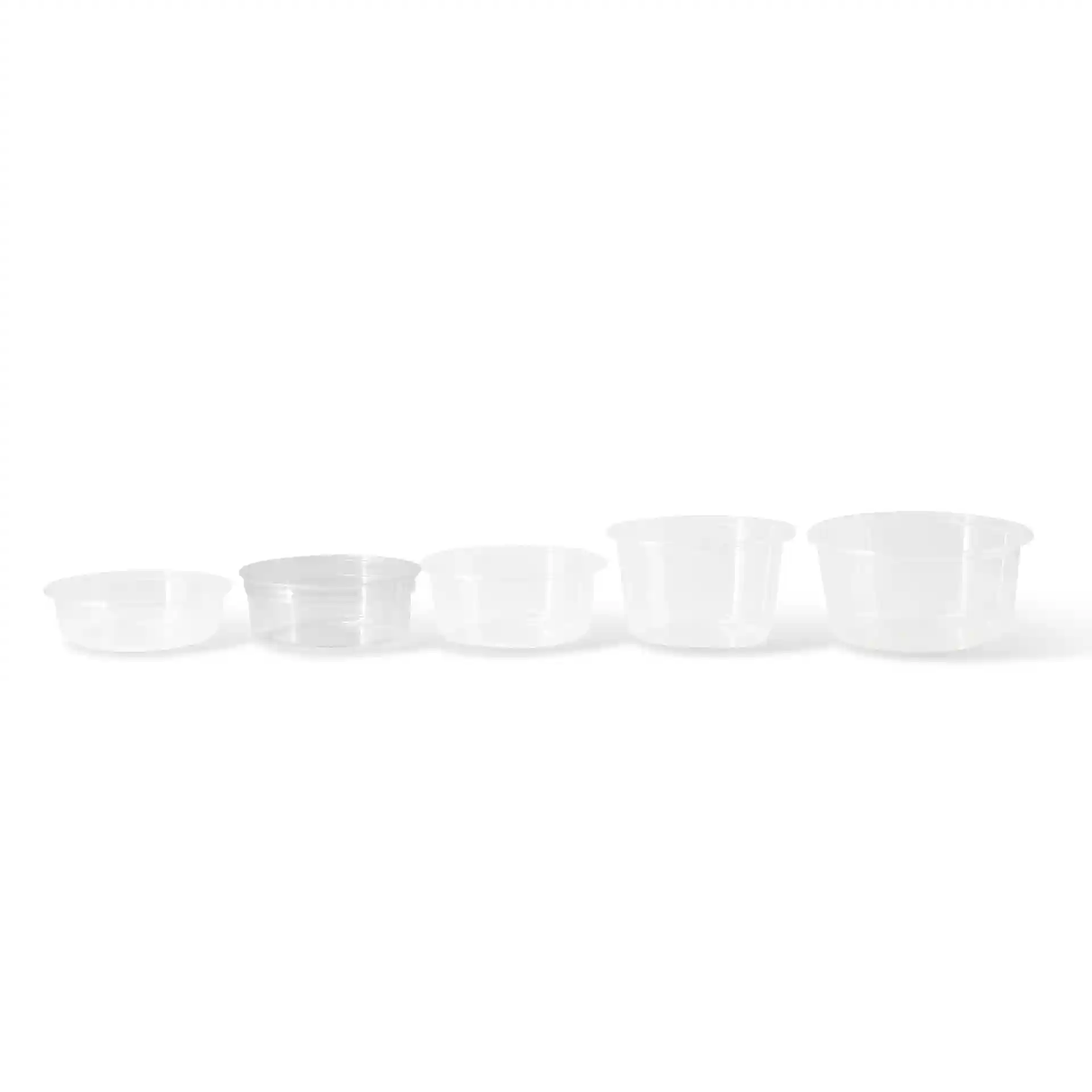 Set van vijf transparante ronde deli-containers in verschillende maten, van klein naar groot weergegeven.