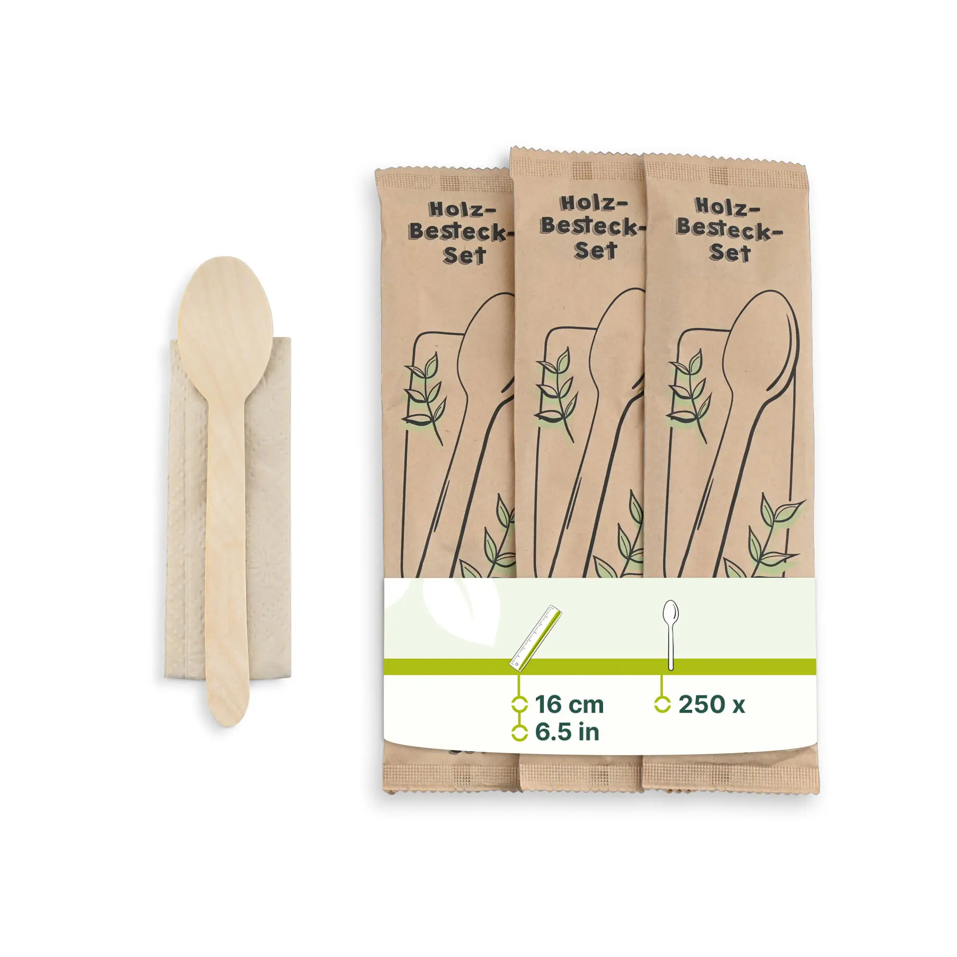 Houten besteksets lepel en servet, 16 cm, met bio-coating Houten besteksets lepel en servet, 16 cm, met bio-coating