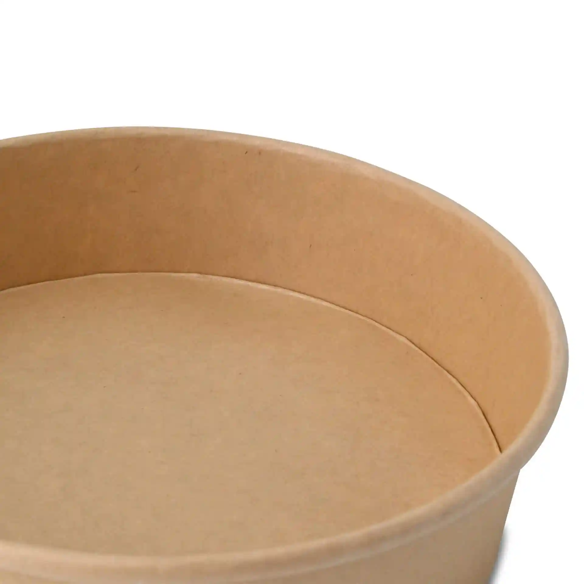 Ronde bruine kartonnen kom met een diameter van 185 mm en een hoogte van 49 mm, binnenaanzicht.