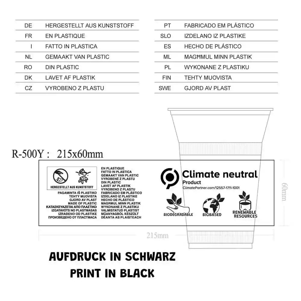 Schematische tekening van een 16 oz PLA smoothie beker met afmetingen en meertalige tekstlabels.