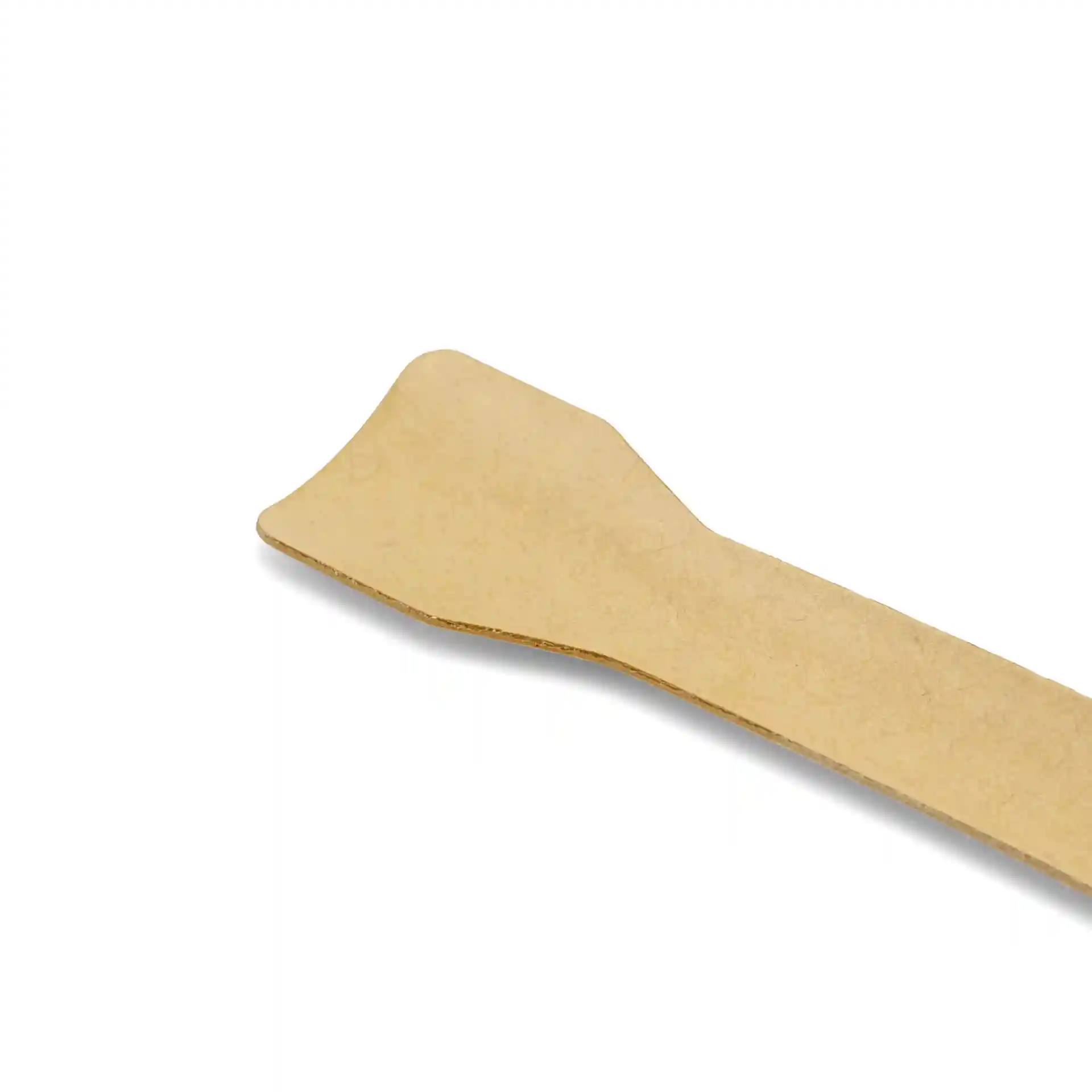 Bruine papieren ijslepel, 9,5 cm lang, met een platte punt en een taps toelopende handgreep.