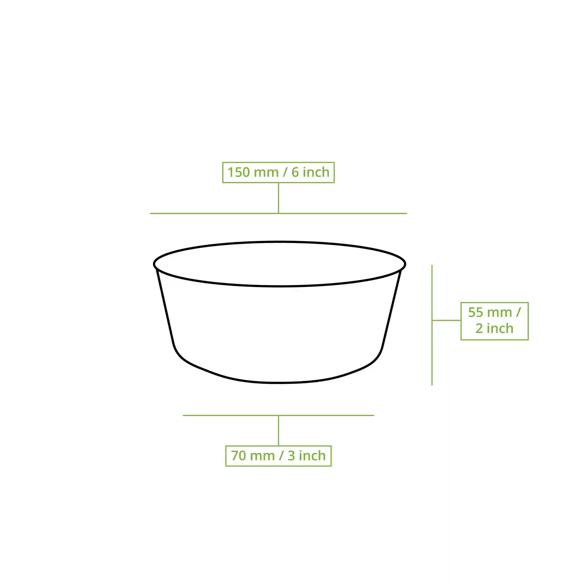 Schematische tekening van een ronde palmbladkom met afmetingen: 150 mm diameter, 55 mm hoogte en 70 mm bodemdiameter.
