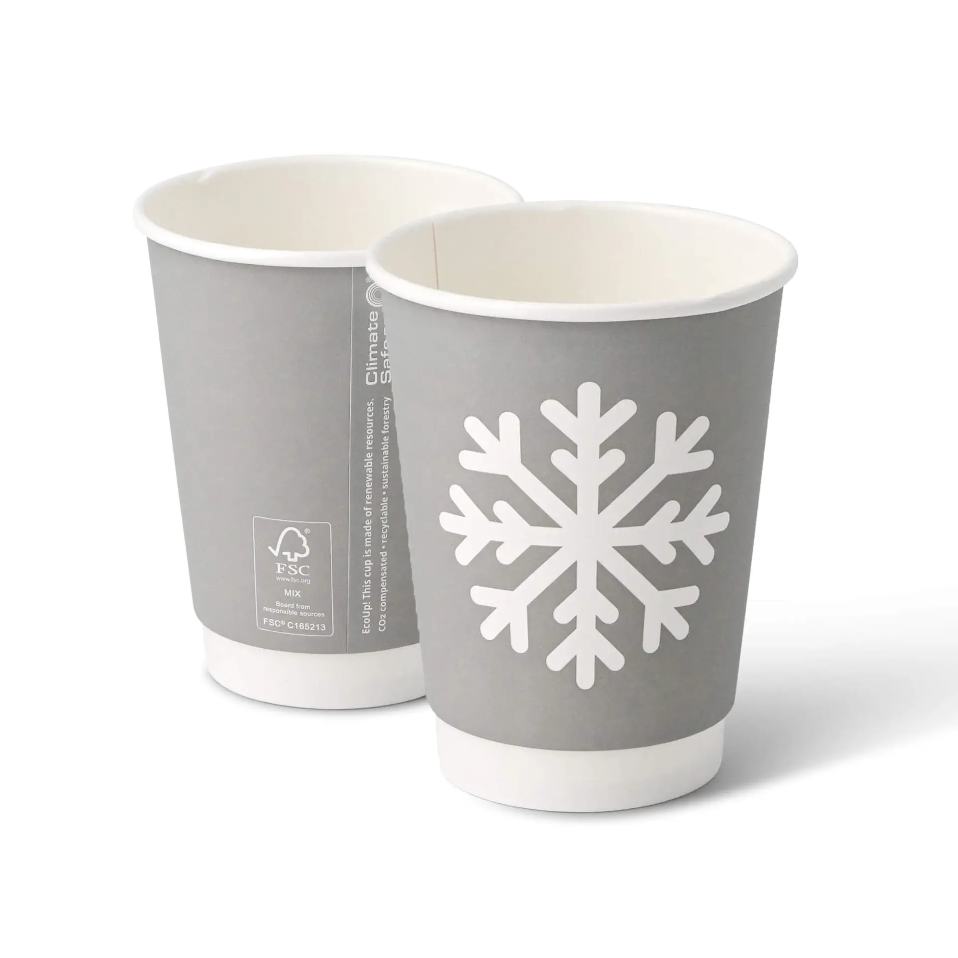 Kartonnen bekers dubbelwandig winter "Sneeuwvlok", 300 ml / 12 oz, Ø 90 mm, grijs