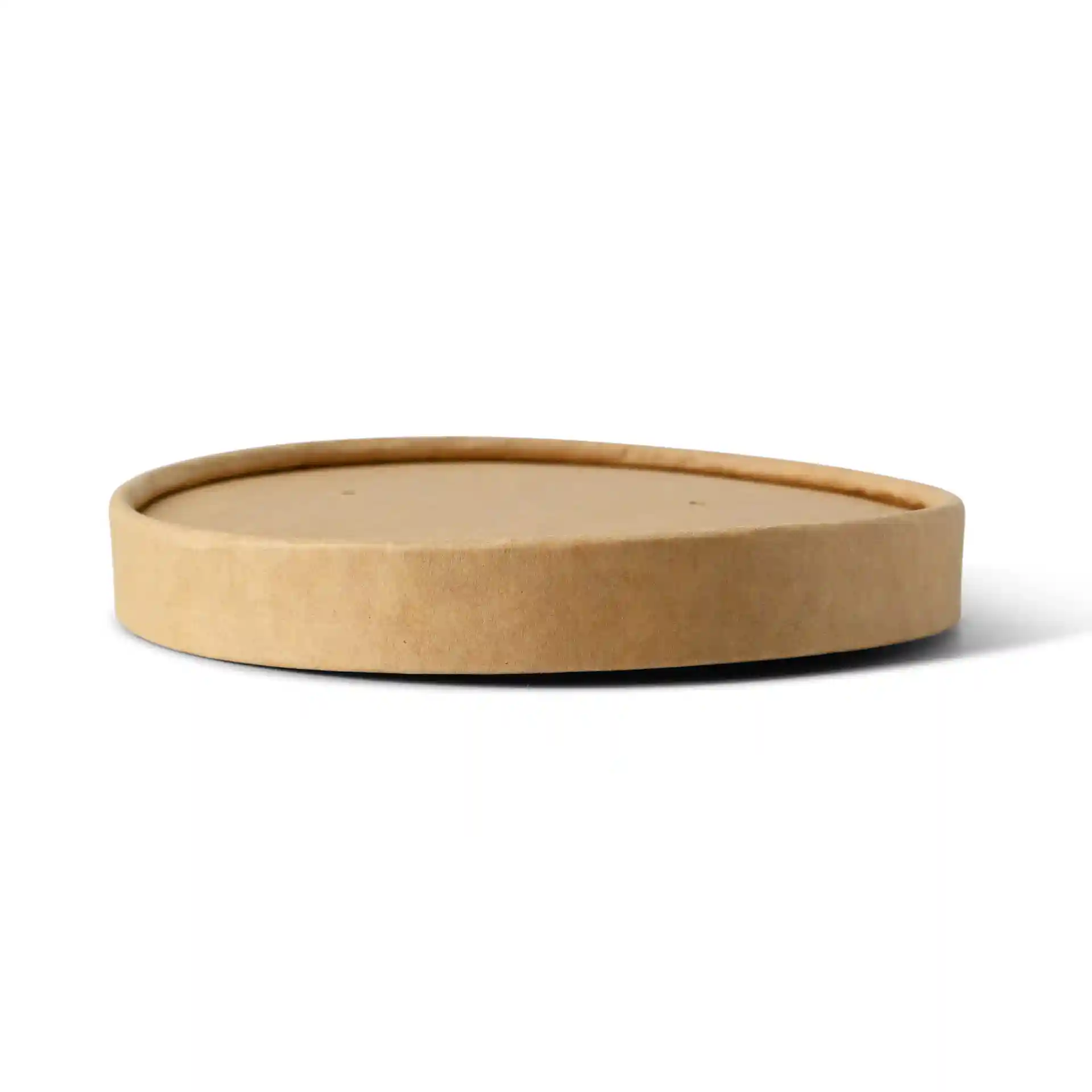 Ronde bruine kartonnen deksel met gecoate oppervlakte, ontworpen voor soepcontainers, met een diameter van 118 mm.