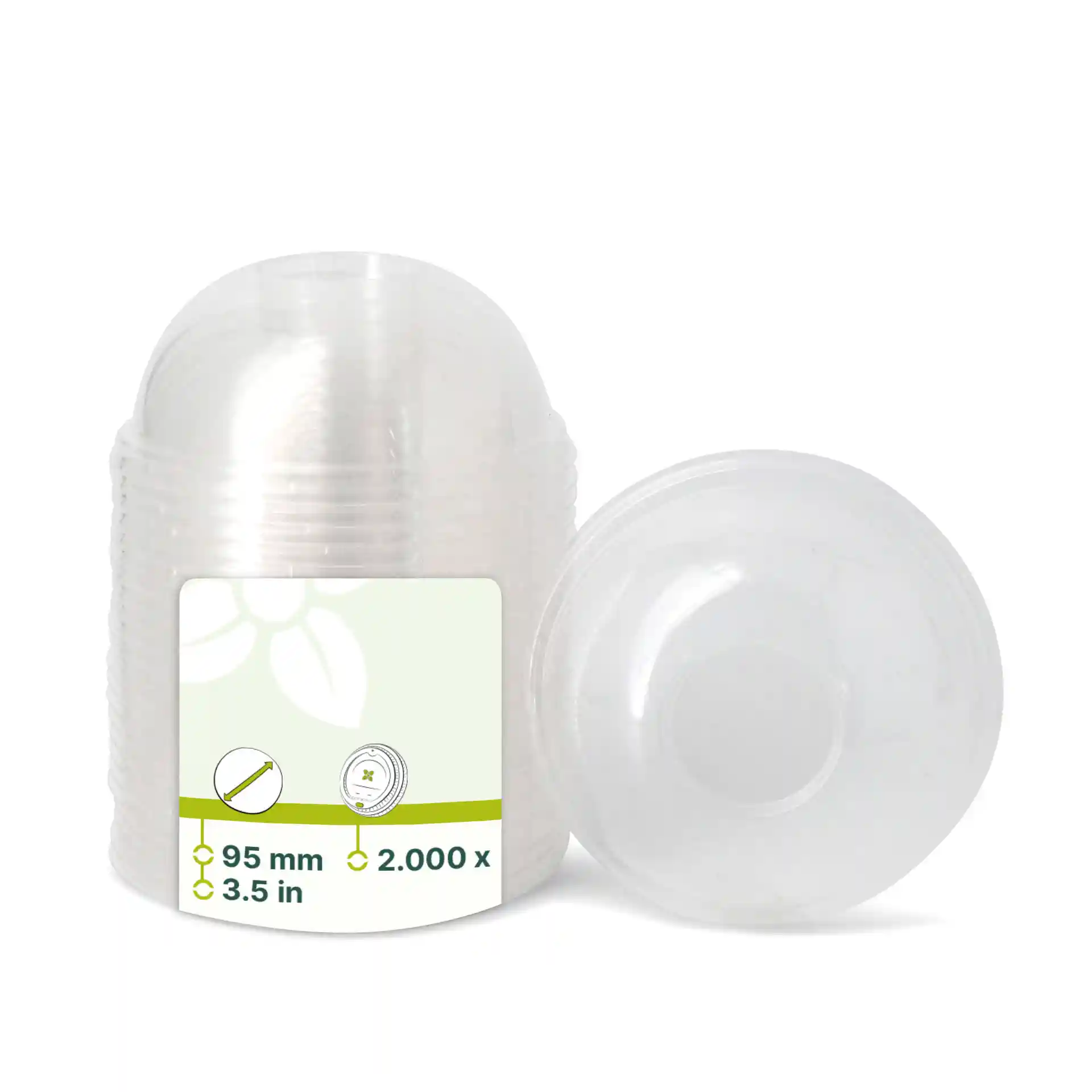 Transparante PLA-dome deksels met een diameter van 95 mm, gestapeld met een deksel ernaast.