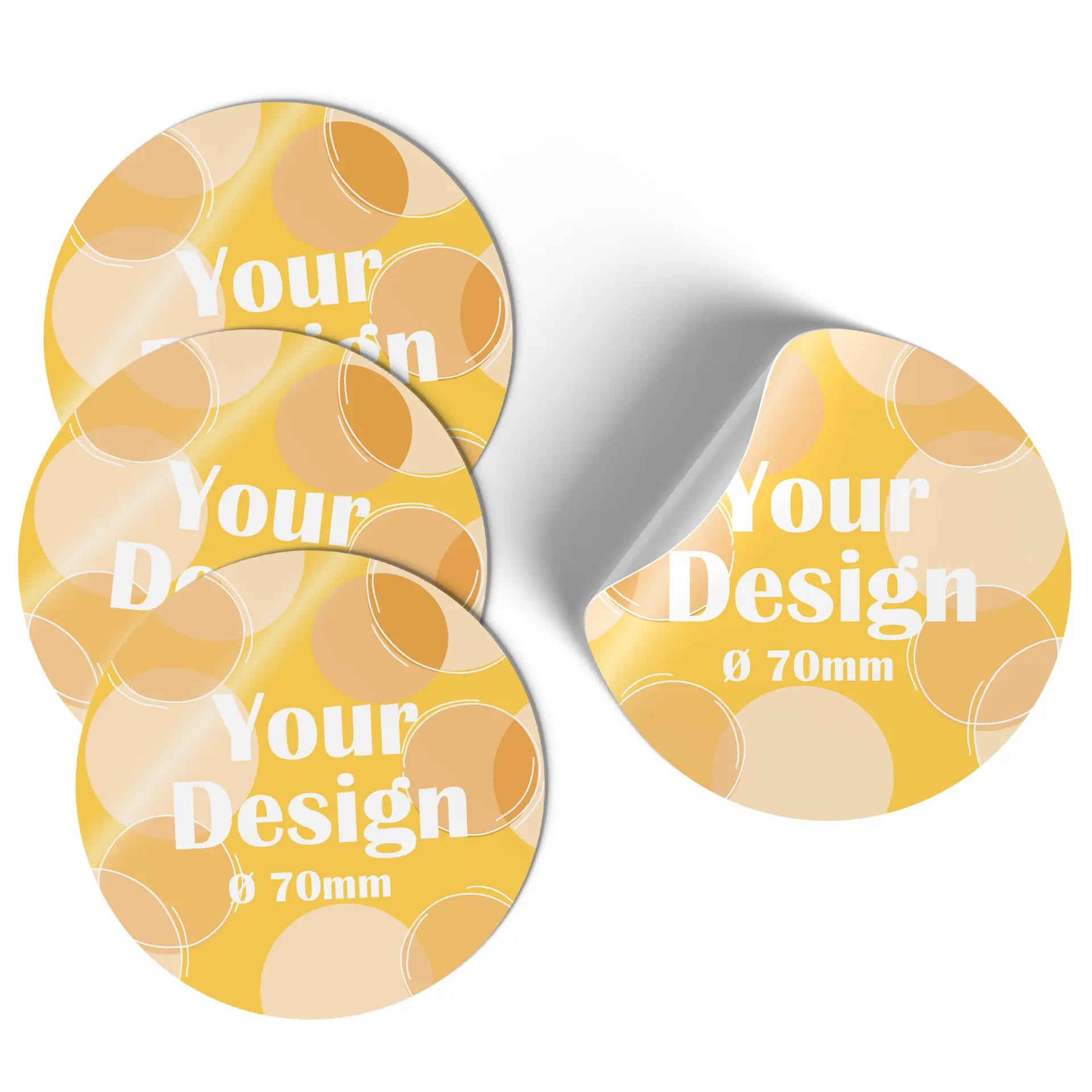 Ronde blauwe sticker met een wit symbool, diameter van 7 cm, gedeeltelijk losgetrokken.