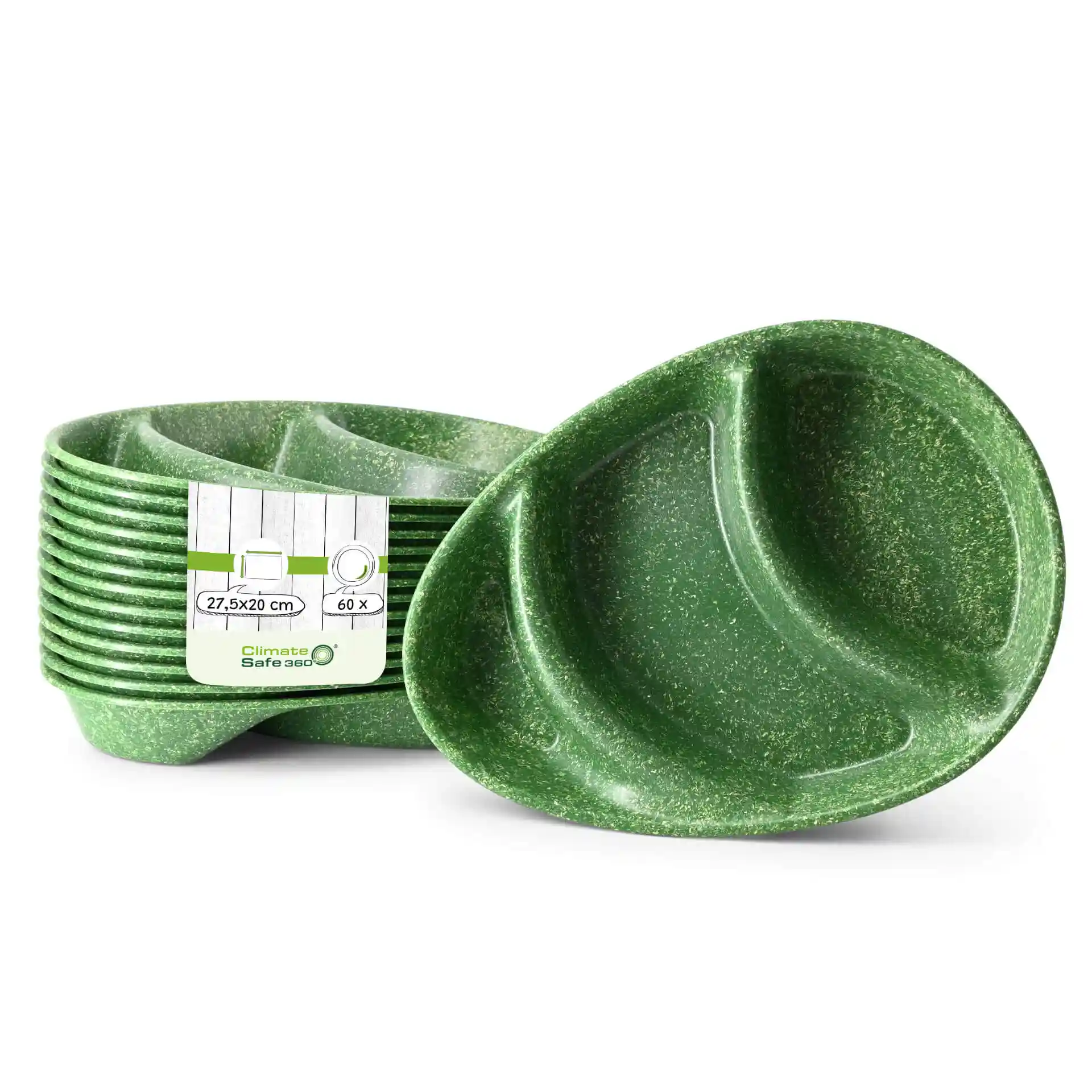 Groene herbruikbare menuschalen met drie compartimenten, 27,5 x 20 cm, gestapeld met één schaal vooraan.