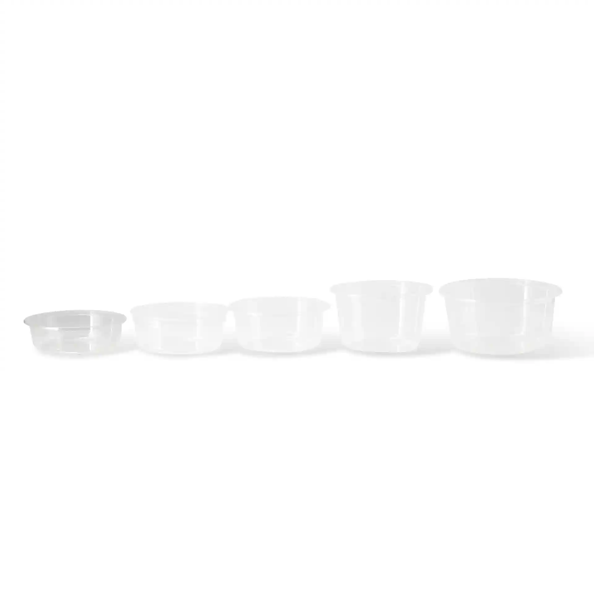 Set van vijf transparante ronde deli-containers in verschillende maten, in een rij geplaatst.