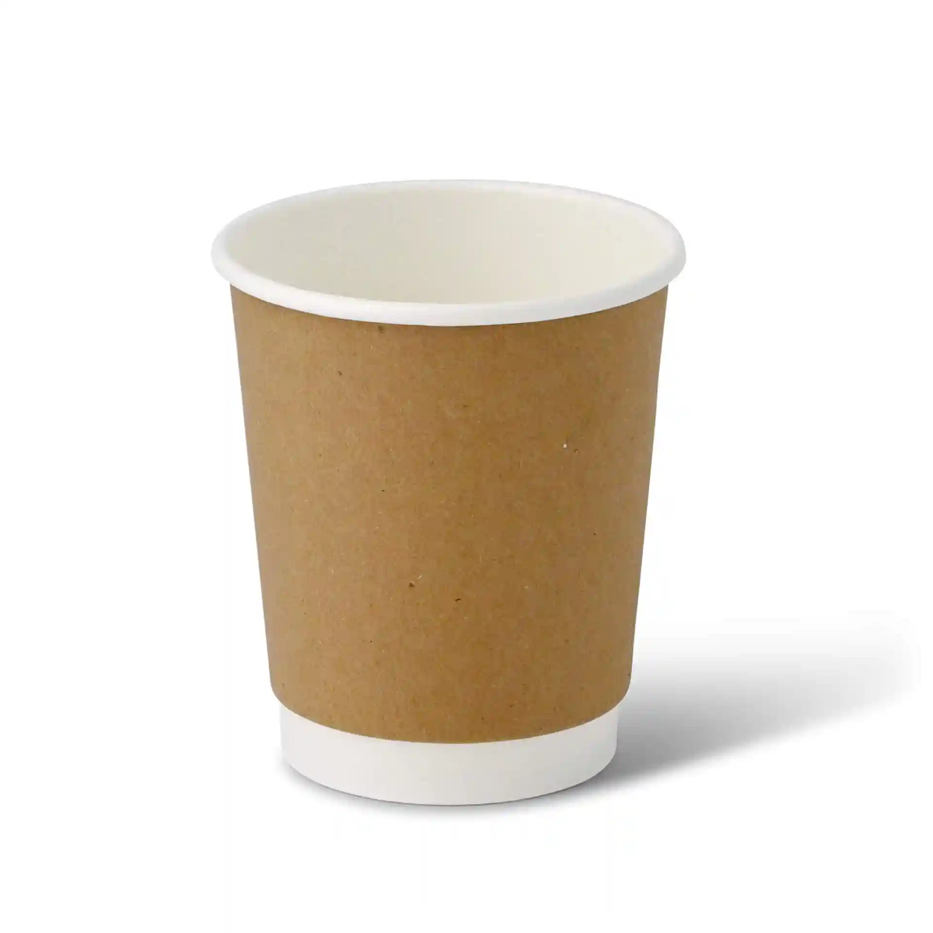 Bruine dubbelwandige kartonnen beker met witte binnenvoering, 8 oz capaciteit en ronde vorm.
