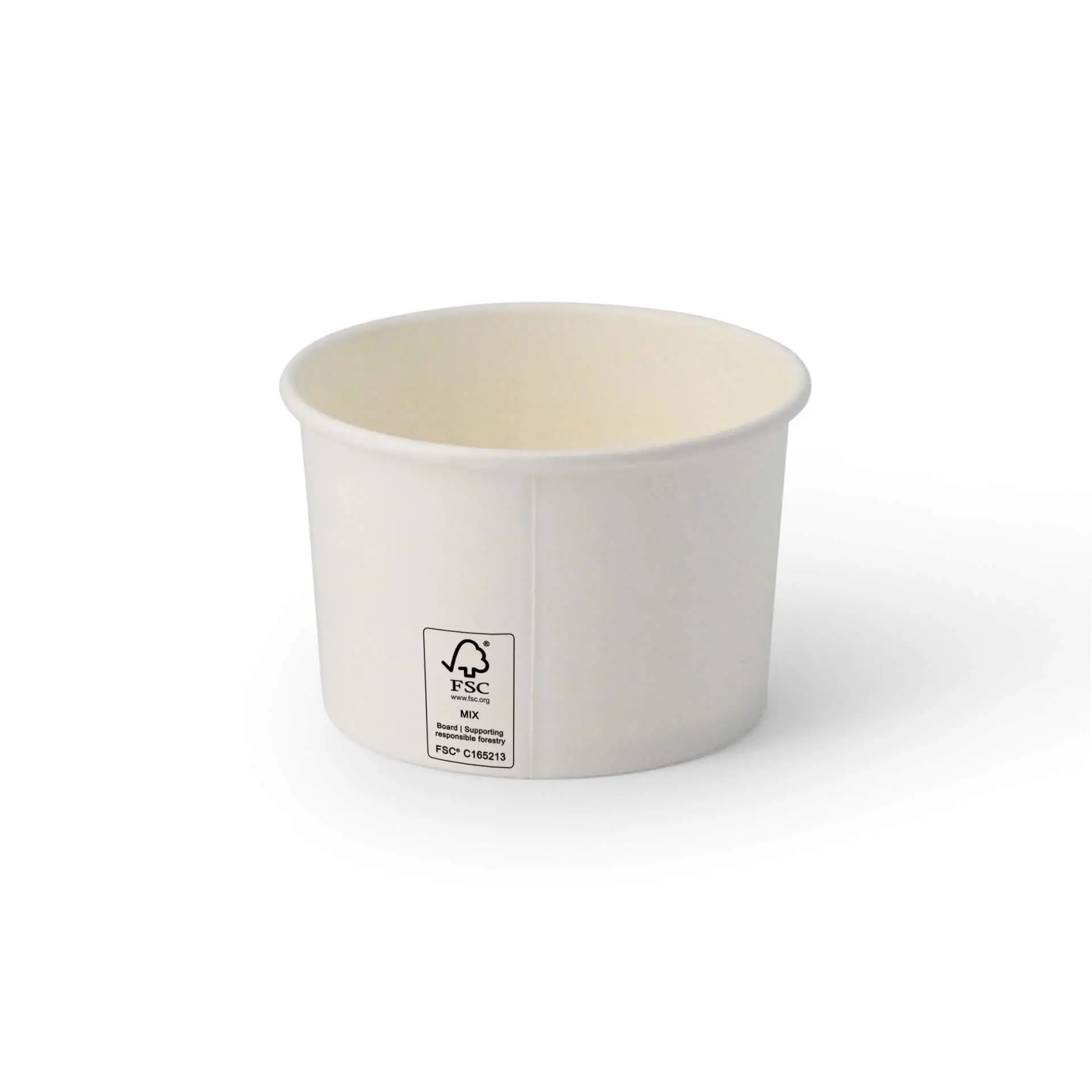 Witte papieren ijsbeker met PE-coating, 8 oz capaciteit, voorzien van een FSC-keurmerk aan de zijkant.
