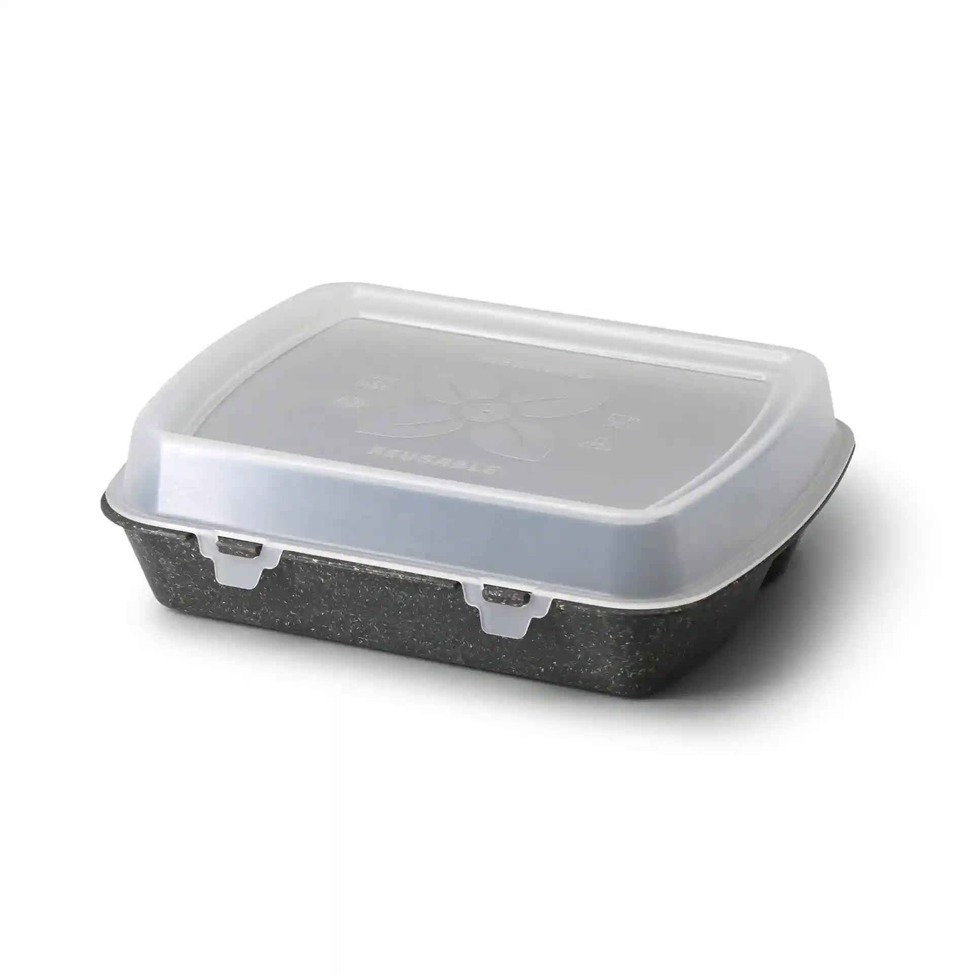 Herbruikbare maaltijdcontainer met een grijze basis en transparant deksel, drie compartimenten. Afmetingen 24,5 x 20 x 4,5 cm.