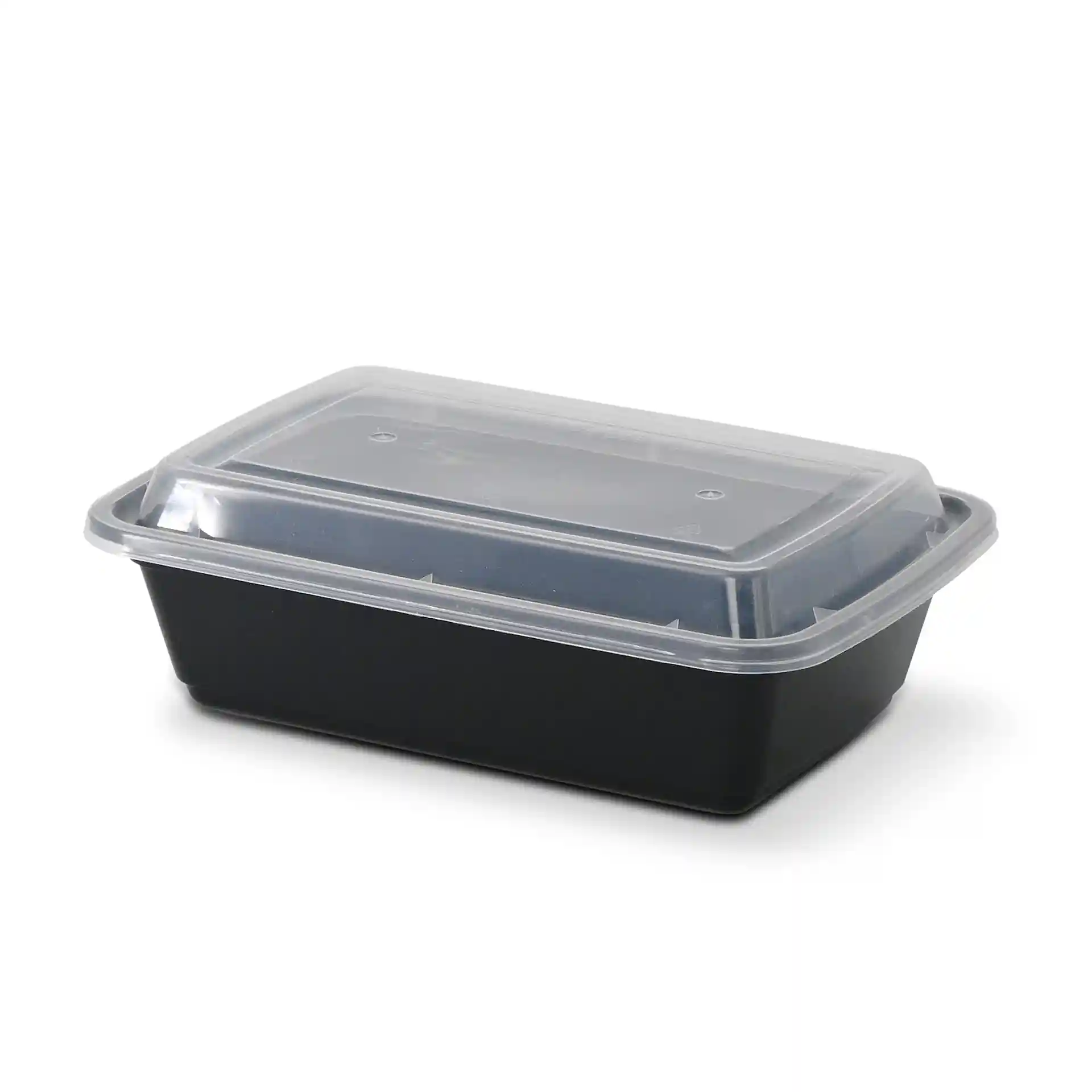 Rechthoekige zwarte herbruikbare container met een doorzichtig deksel, 185 mm lang, 124 mm breed en 44 mm hoog.