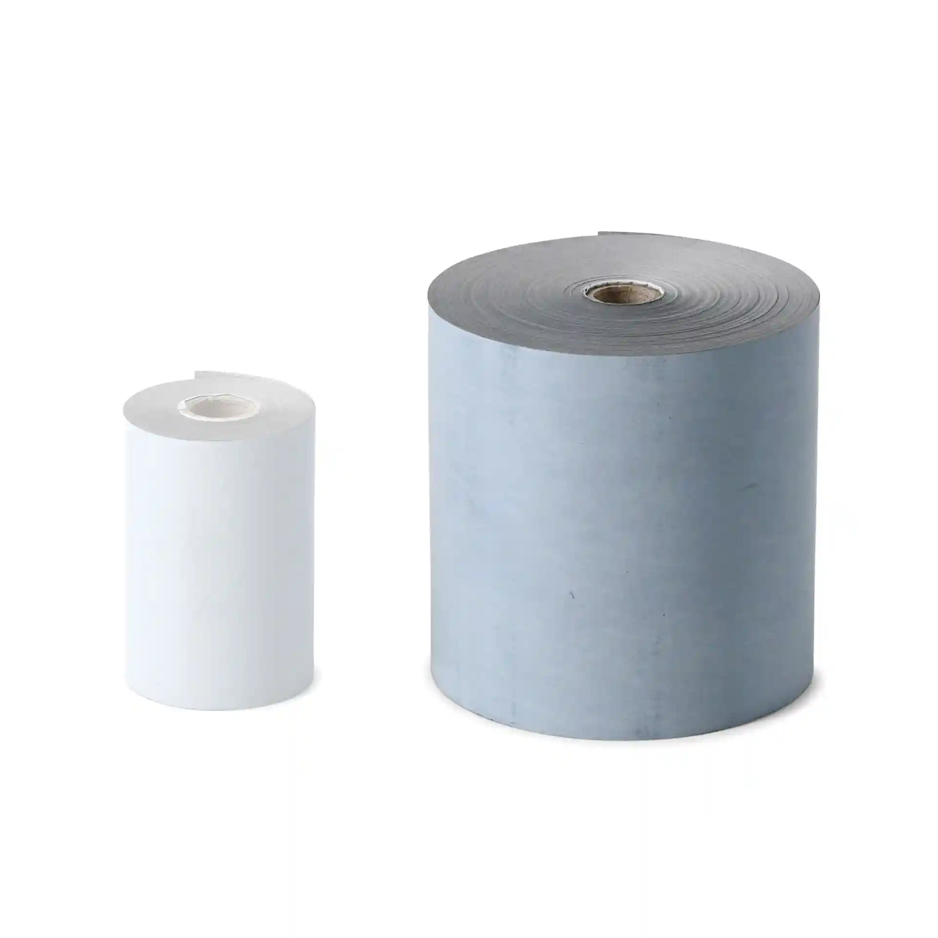 Afbeelding van twee rollen thermisch papier, één grijs en groter, de ander wit en kleiner, beide met zichtbare kernen.