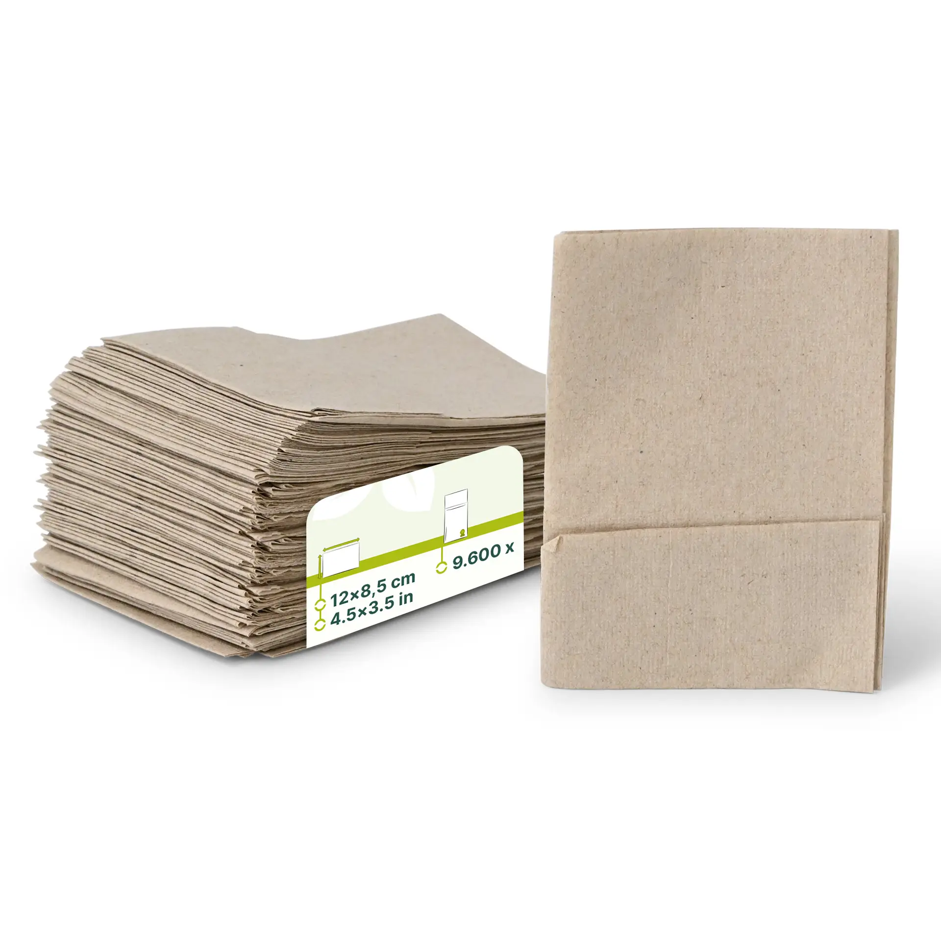 Stapel ongebleekte rechthoekige servetten van rPaper, met een label dat de afmetingen en een recycling symbool toont.