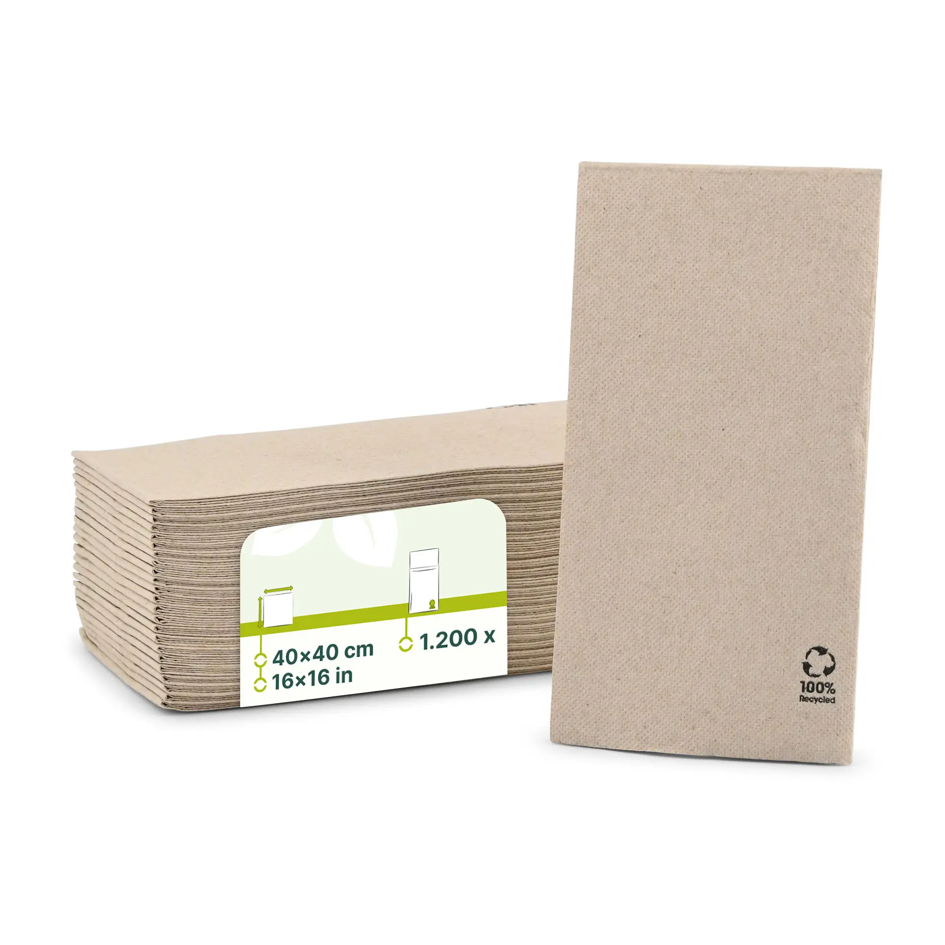 Servetten van gerecycled papier (Premium) 40 x 40 cm, 2-laags, 1/8 vouw, ongebleekt Servetten van gerecycled papier (Premium) 40 x 40 cm, 2-laags, 1/8 vouw, ongebleekt