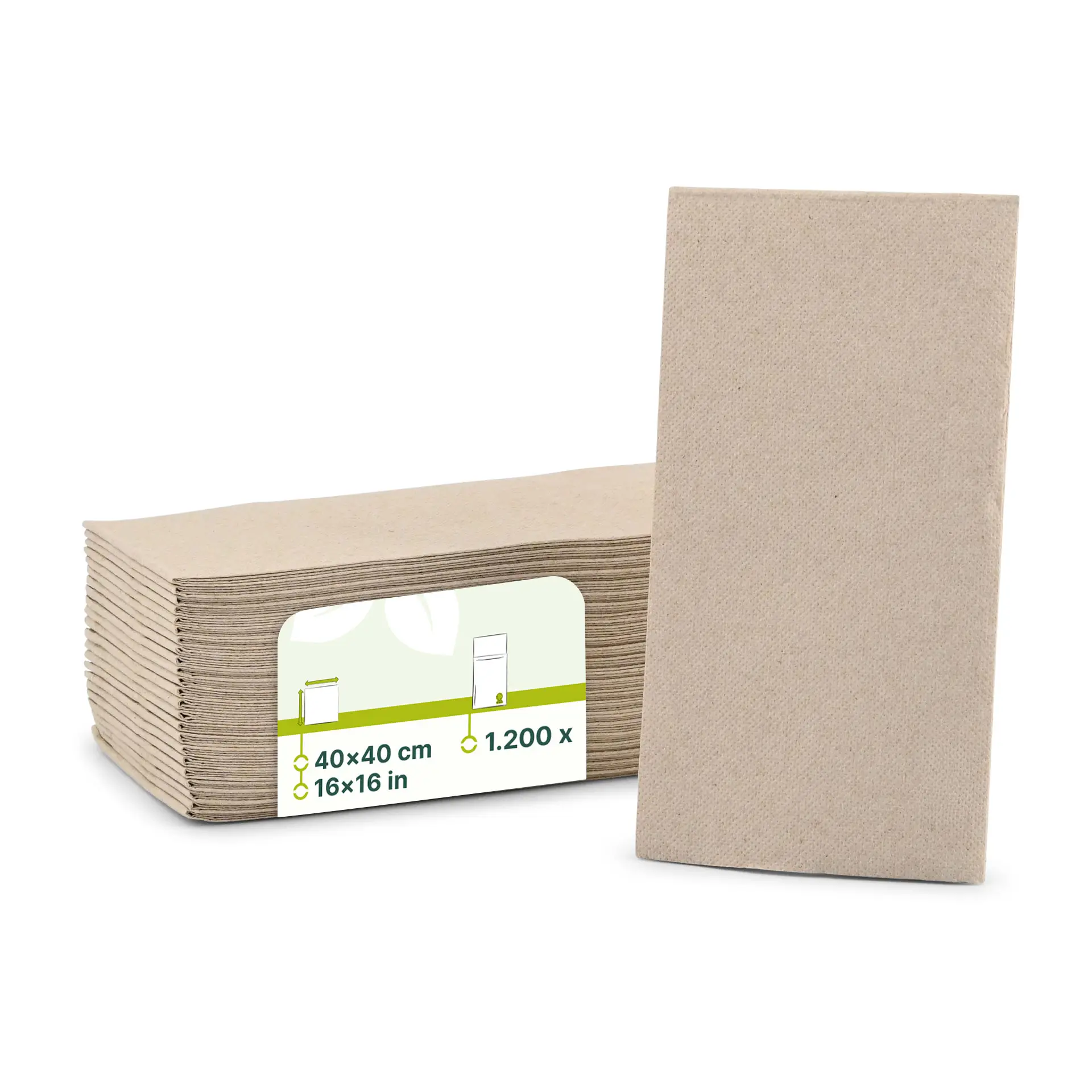 Stapeltje ongebleekte, 2-laags gerecycled papieren servetten, 40 x 40 cm, rechthoekig met zichtbaar verpakkingslabel.
