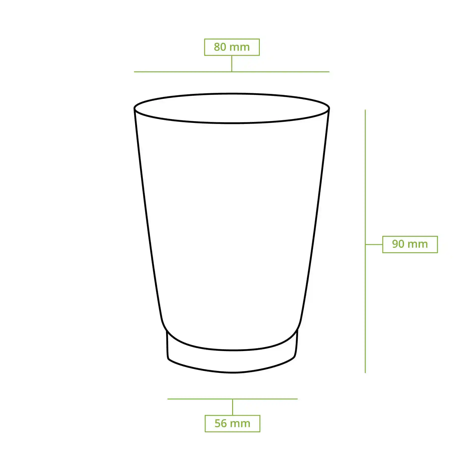 Schematische tekening van een dubbelwandige beker met afmetingen: hoogte 95 mm, bovenste diameter 80 mm, onderste diameter 52 mm.