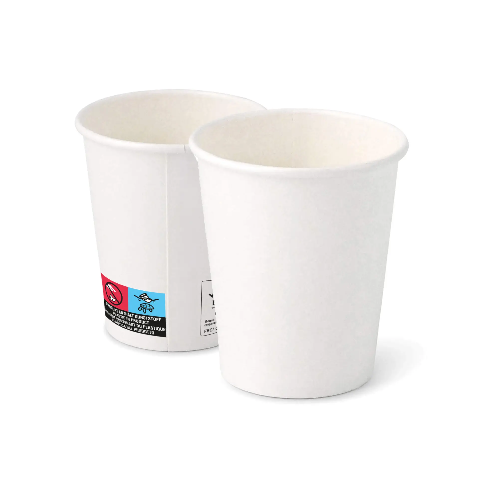 Twee witte 8 oz papieren bekers met een ronde vorm en een coating, met binnen- en buitenaanzicht.