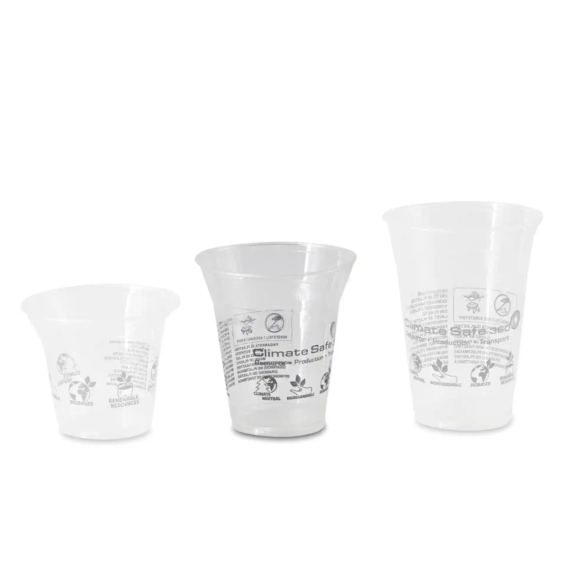 Drie transparante PLA-smoothiebekers in verschillende maten, met verschillende hoogtes en diameters.