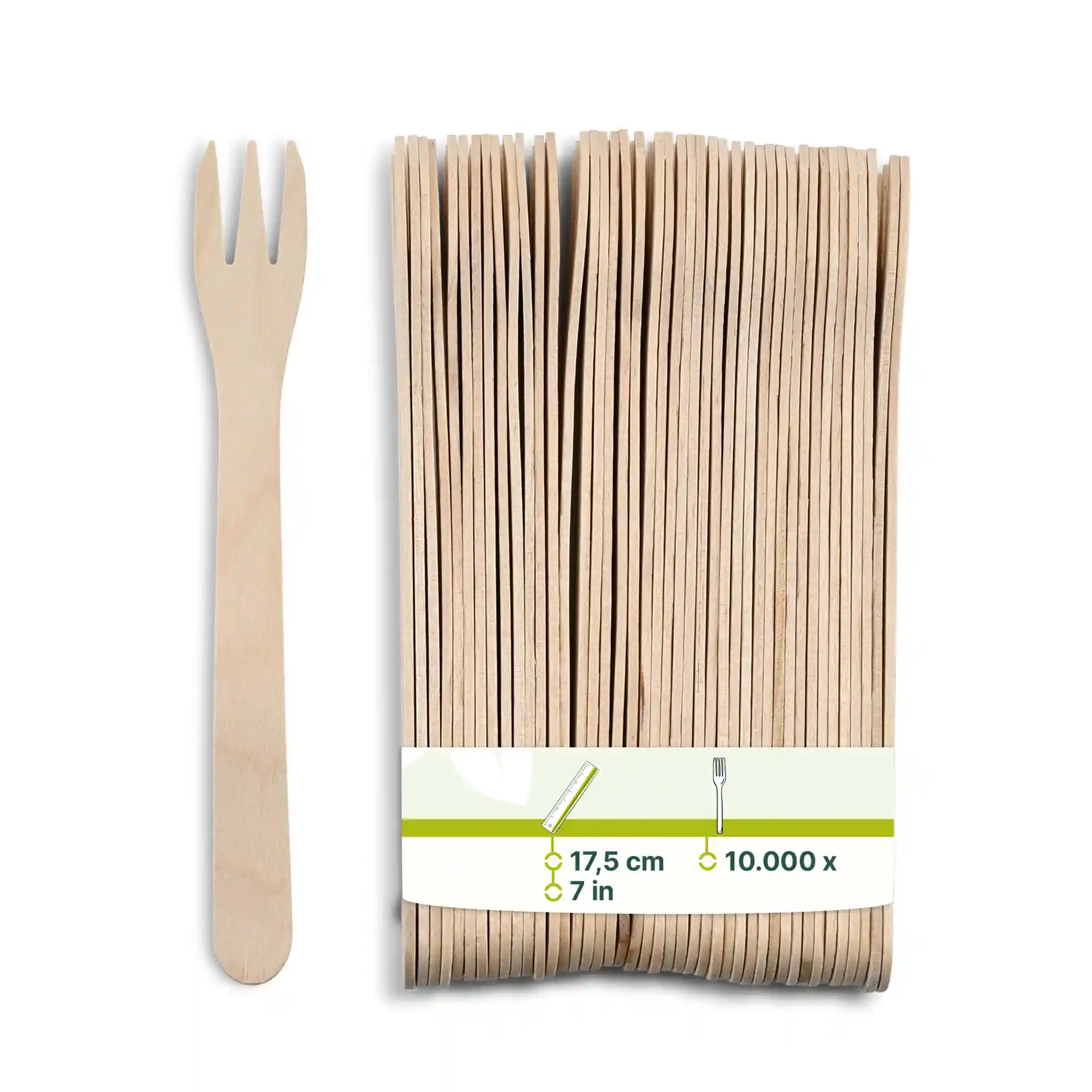 Houten chipvork met drie tanden, 17,5 cm lang, naast een bundel soortgelijke vorken op een witte achtergrond.