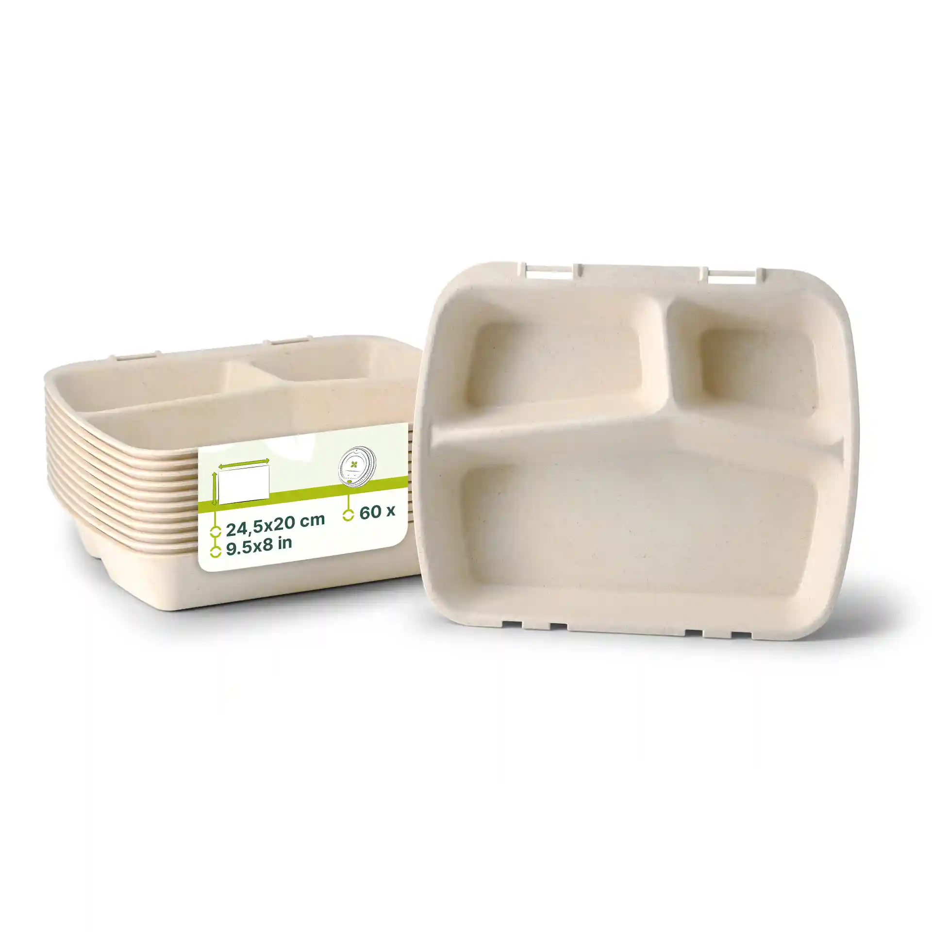 Stapeltje herbruikbare maaltijdcontainers met drie compartimenten, crème-witte kleur, afmetingen 24,5 x 20 x 4,5 cm.