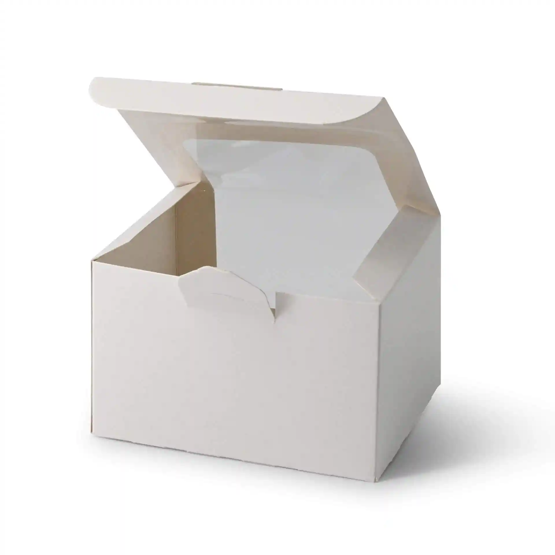 Witte gebakdoos met een open deksel, afmetingen 13 x 11 x 8 cm, met cellulosevenster.