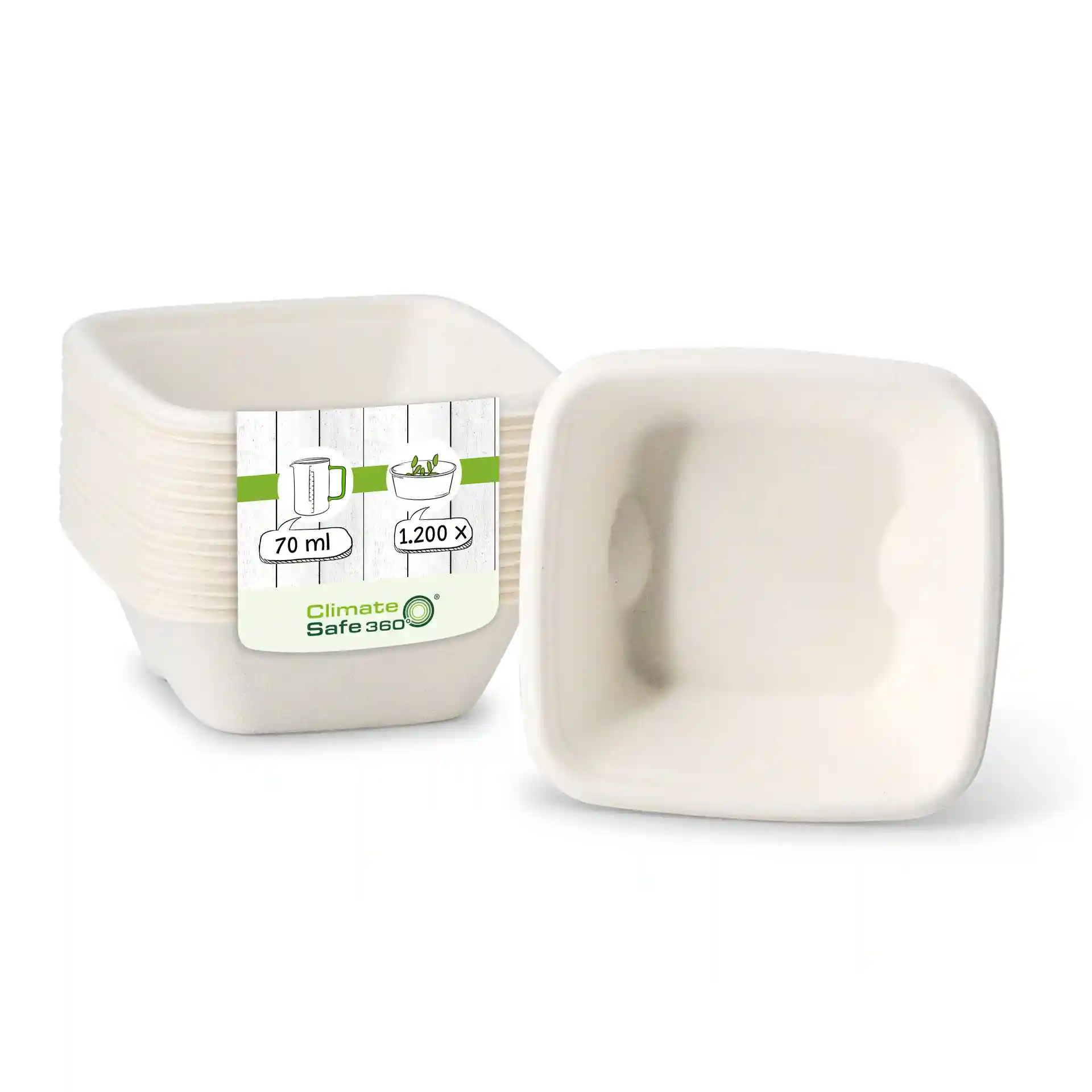 Vierkante witte bagasse portie bekers, 70 ml, weergegeven met een label met productdetails.