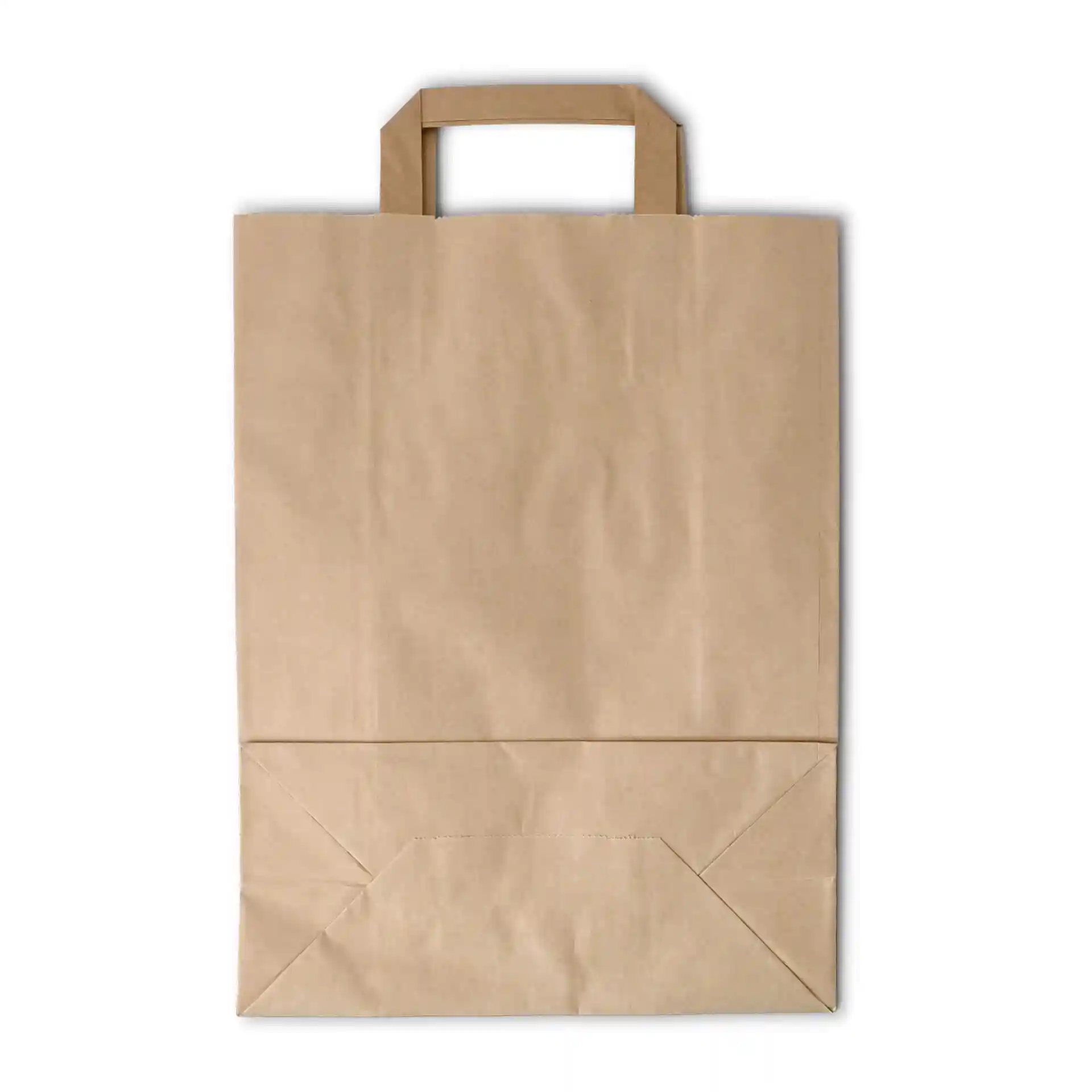 Bruine papieren draagtas in rechthoekige vorm met twee bovenhandvatten, 26 x 12 x 35 cm groot.