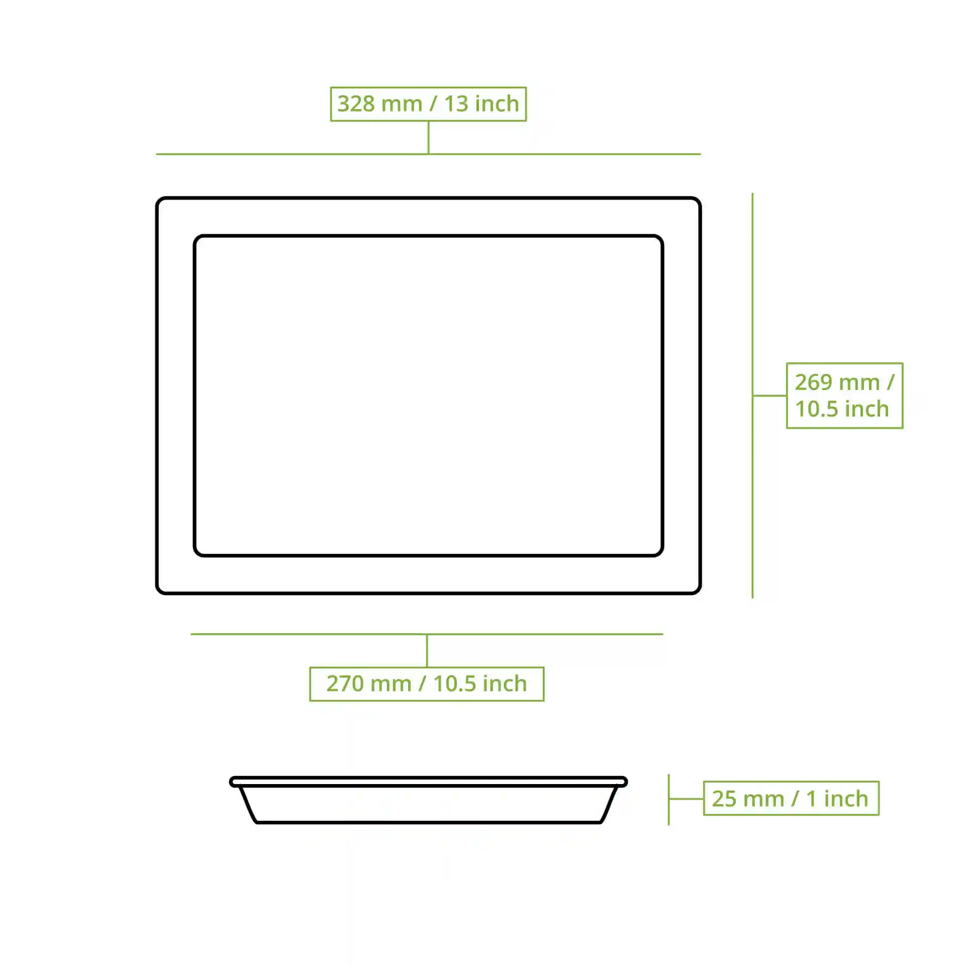 Schematische tekening van een rechthoekige palmbladschotel met gelabelde afmetingen: 328 mm lengte, 269 mm breedte en 25 mm hoogte.
