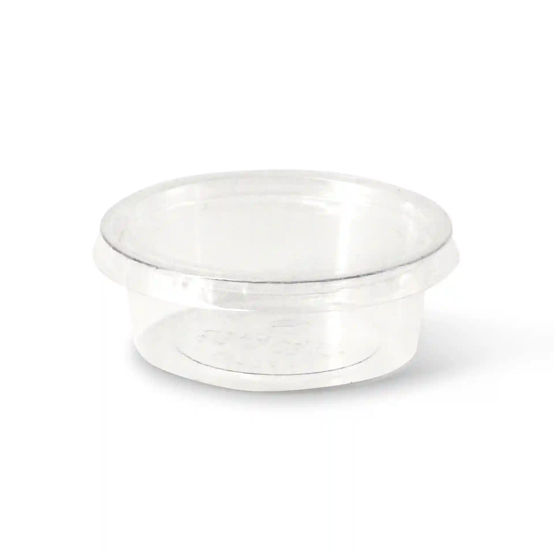 Transparante 60 ml PLA portie beker met een diameter van 70 mm en een hoogte van 25 mm.