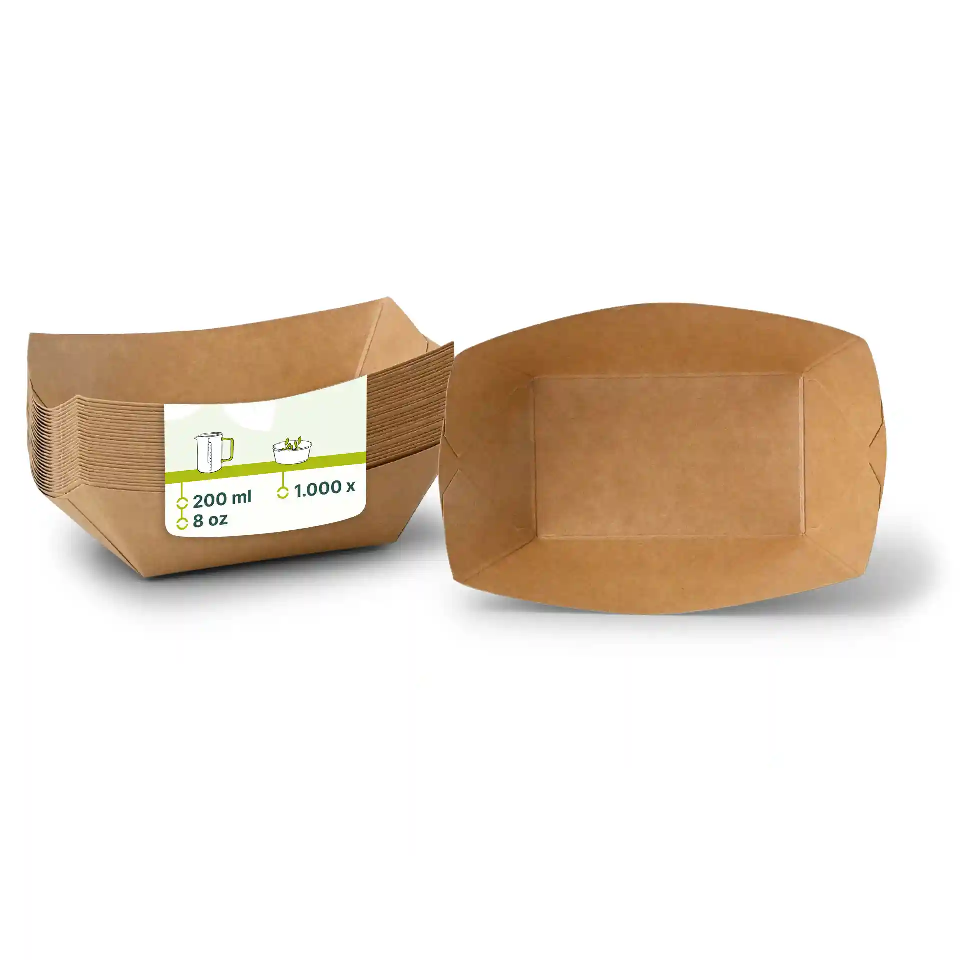 Bruine kartonnen snackbakjes in rechthoekige vorm, met een label met volume- en hoeveelheiddetails.