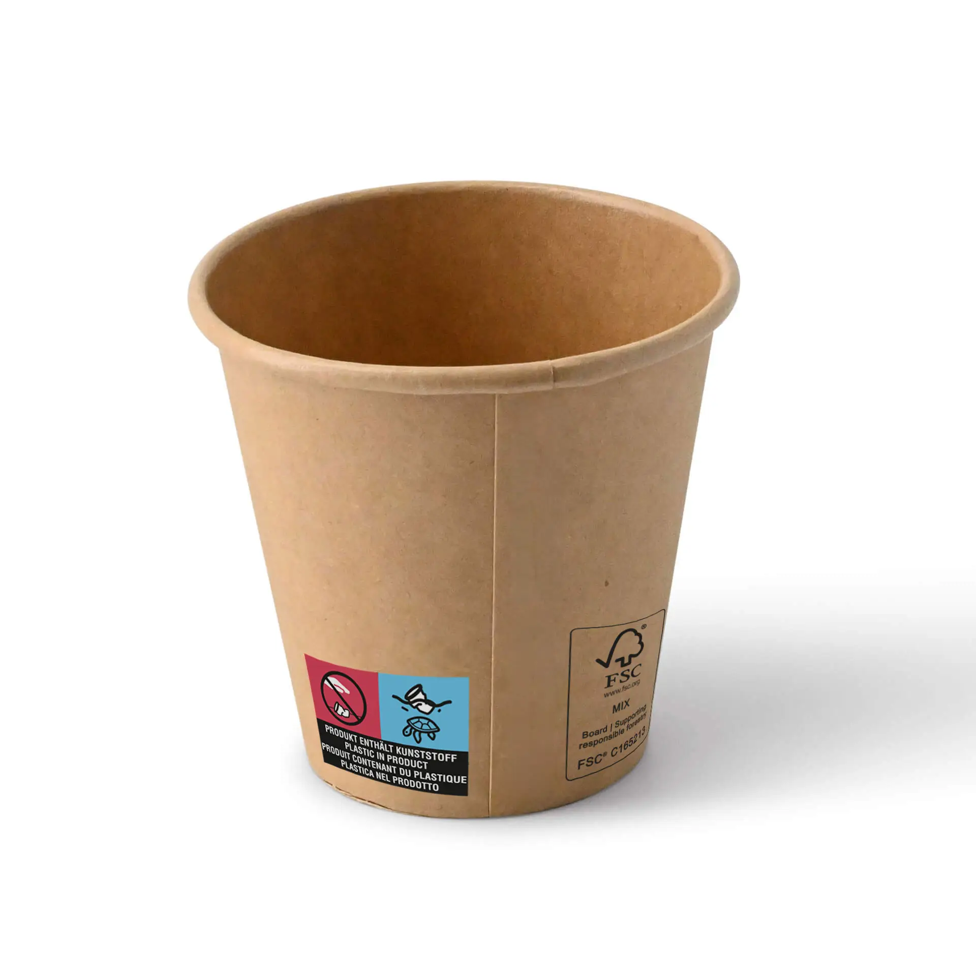 6 oz bruine papieren beker met PE-coating; ontworpen voor dranken in cafés of bakkers. Met bedrukte symbolen op de zijkant.