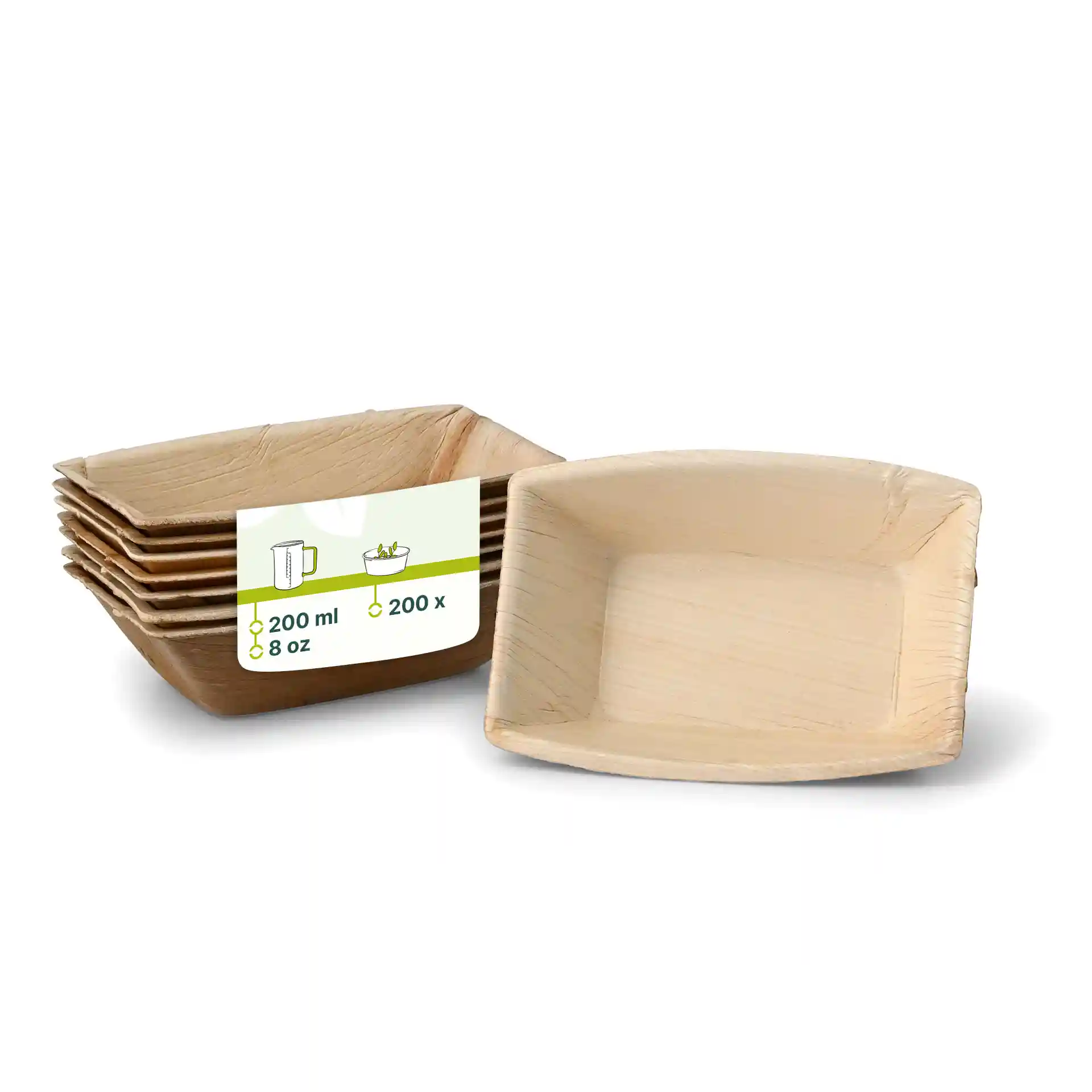 Rechthoekige palmbladschaaltjes in een stapel, met één schaaltje getoond en een label met volume- en hoeveelheidsdetails.