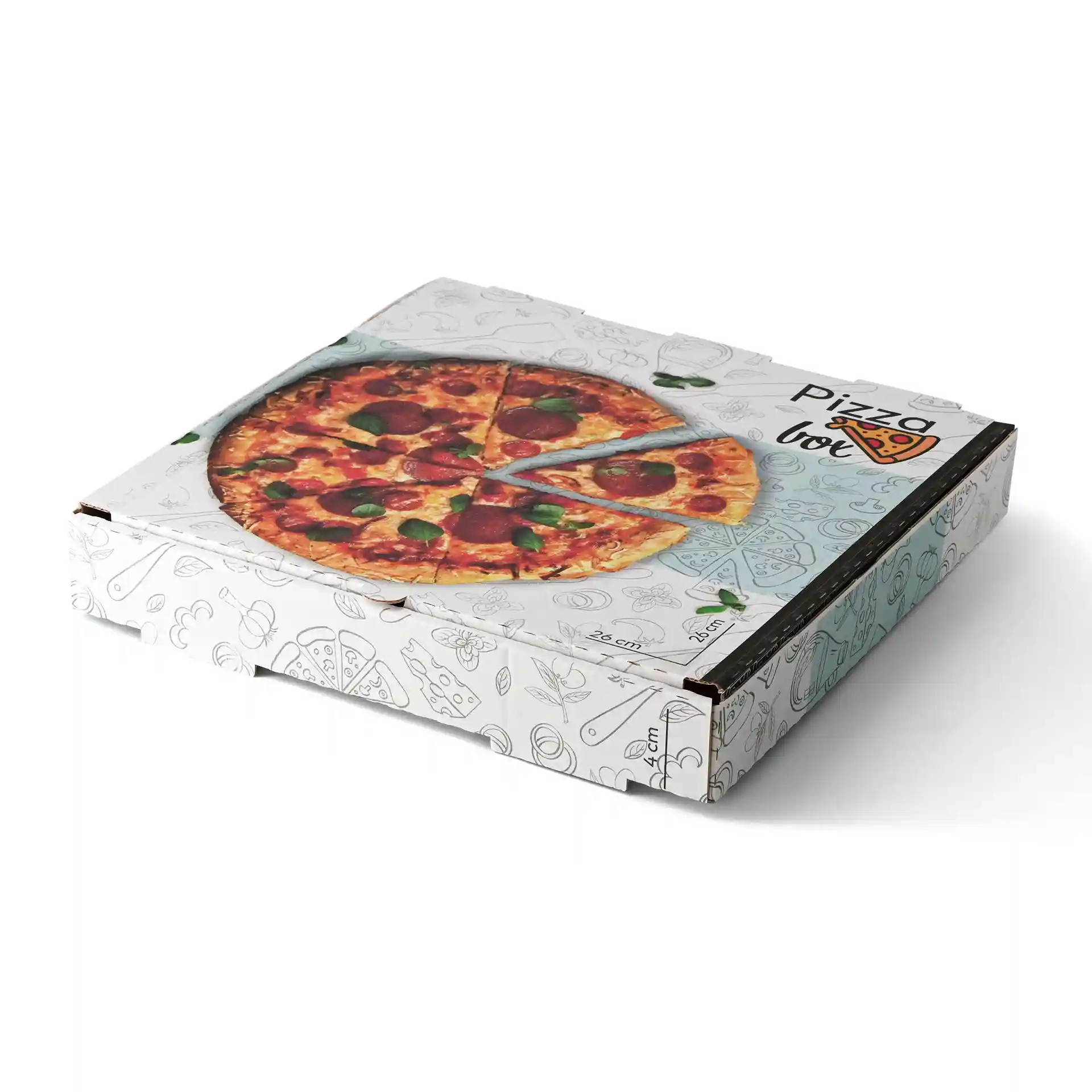 Pizzadoos met een gedrukt pizzadesign bovenop, afmetingen 26 x 26 x 4 cm, met een witte achtergrond.