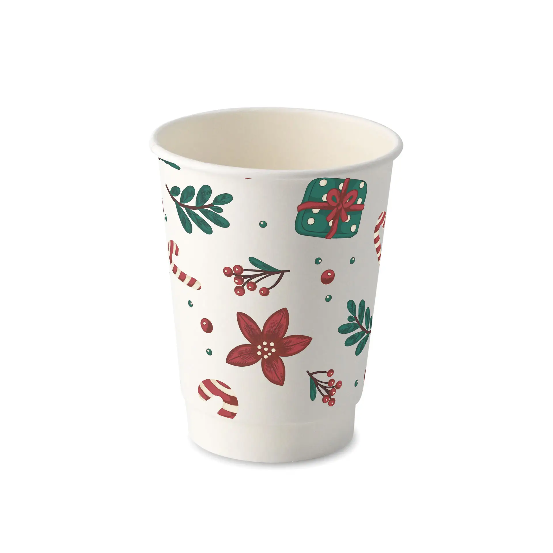 Witte dubbelwandige beker met winterthema, met rode bloemen, groene bladeren en zuurstokken.