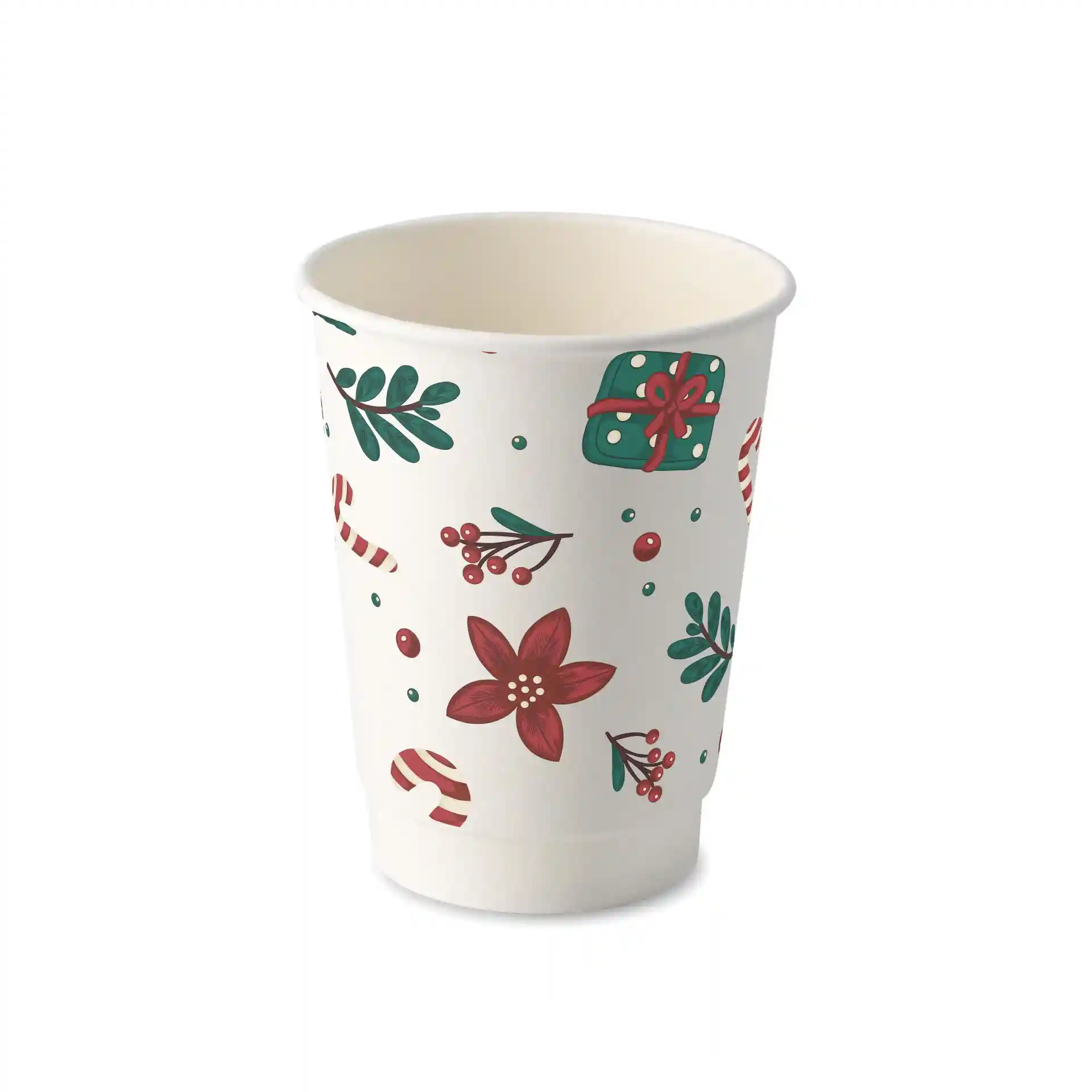 Witte dubbelwandige beker met winterthema, met rode bloemen, groene bladeren en zuurstokken.